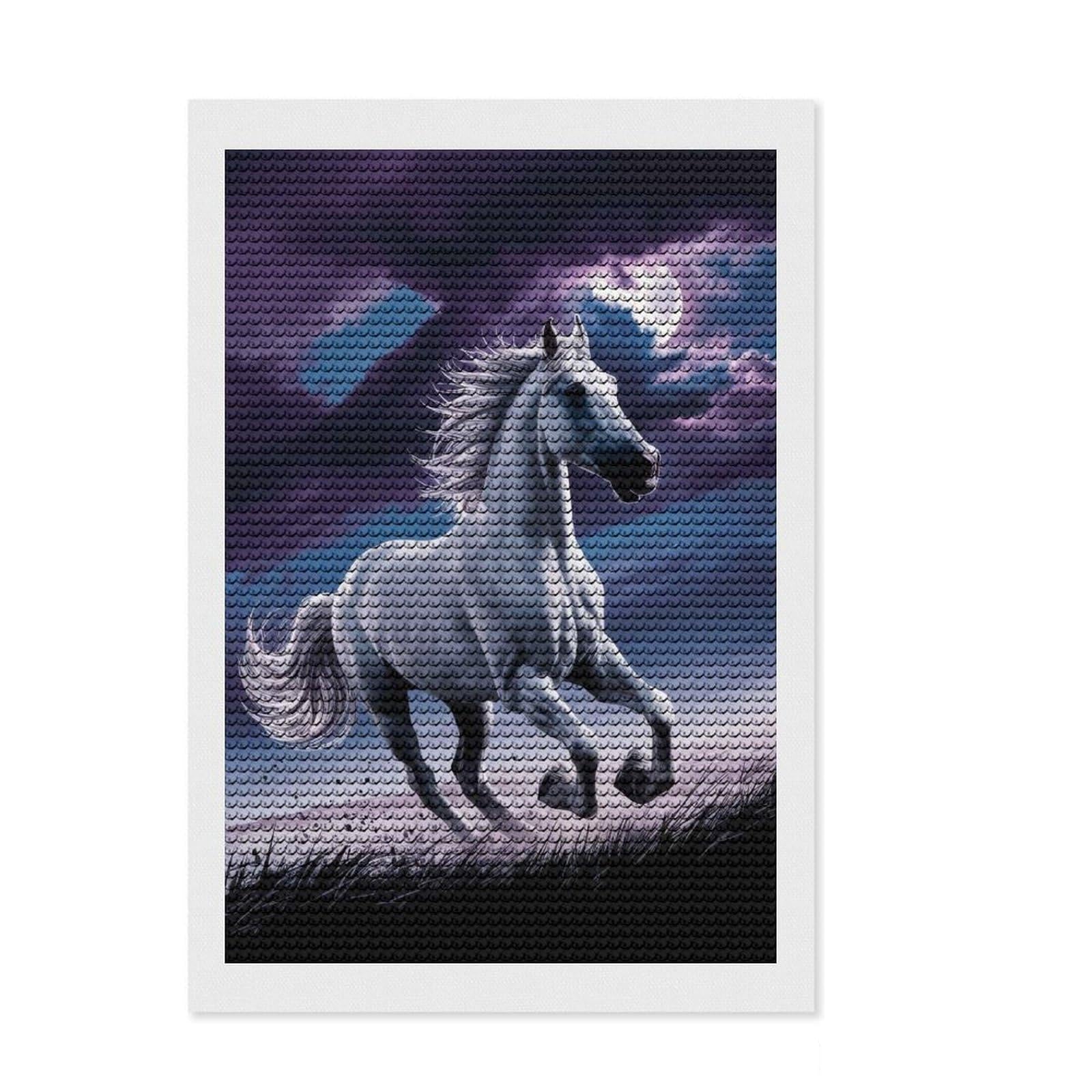 Junmoney Horse Moon Diamond Art Canvas 8"x12", for Women, Complete Accessories, Birthday Gift, Cosy Home Accent, Sparkling Round Gems