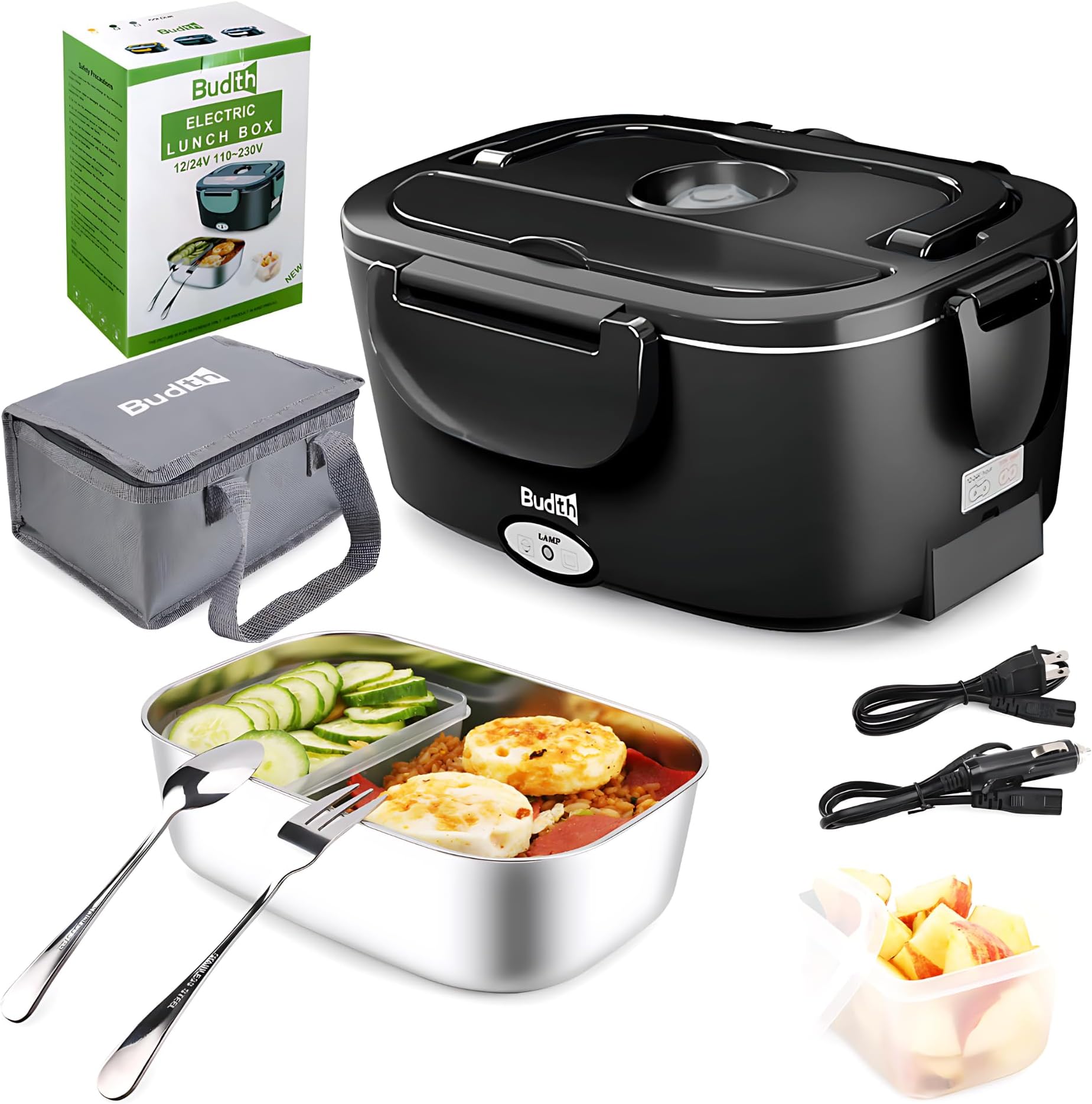 80W Electric Lunch Box, Portable Food Warmer for Car Truck Office, 12V 24V 220V Adapter, Leak Proof, 304 Stainless Steel Container, SS Fork & Spoon and Carry Bag