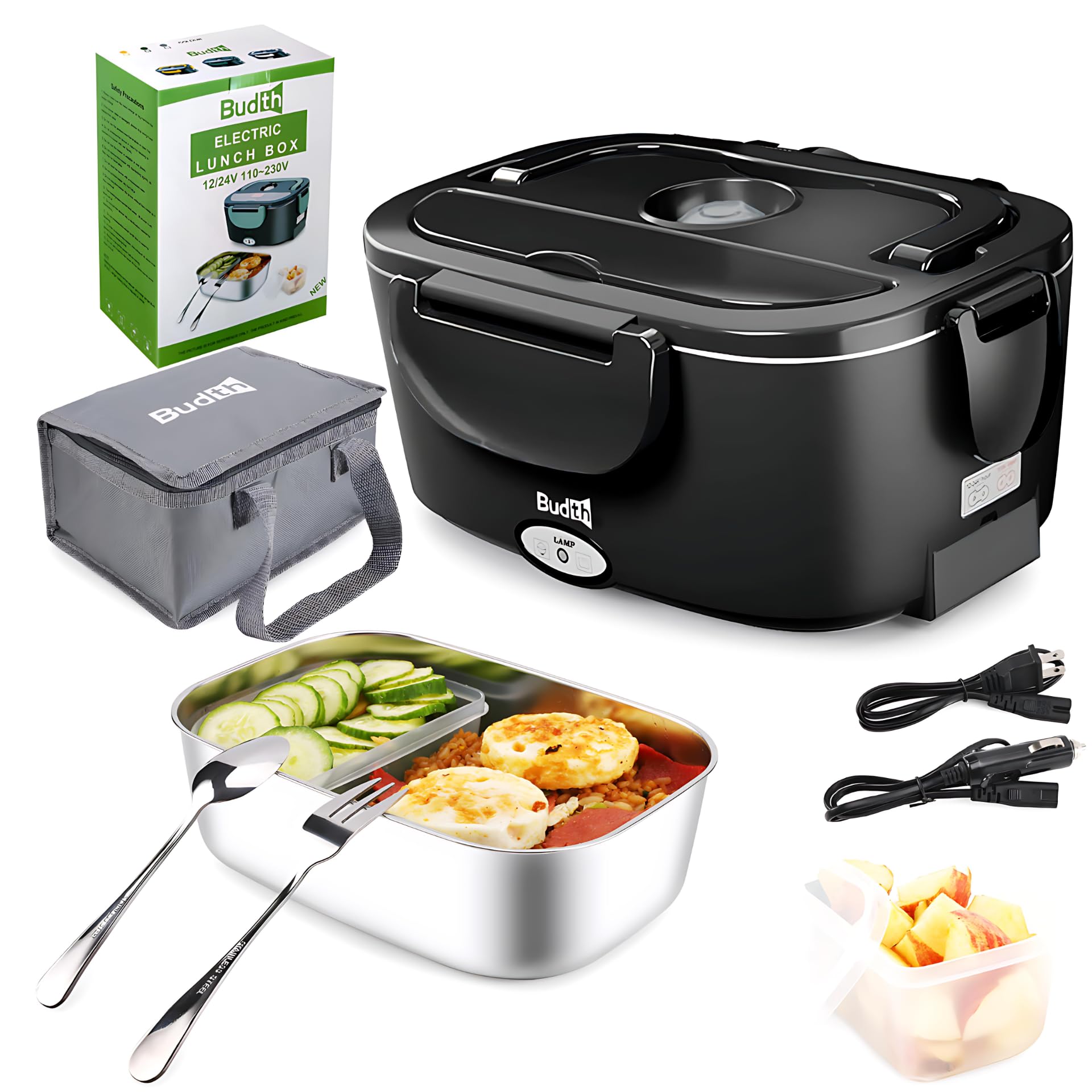 Budth 80W Electric Lunch Box, Portable Food Warmer for Car Truck Office, 12V 24V 220V Adapter, Leak Proof, 304 Stainless Steel Container, SS Fork & Spoon and Carry Bag