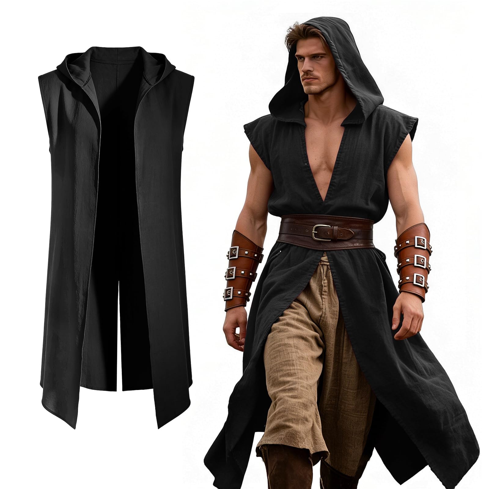 Renaissance hooded tunic for men Viking costume for men Medieval hobbit hooded cloak (Black, L)