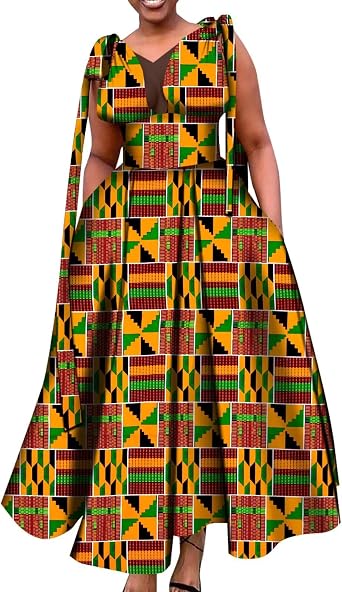 Afrilisco African Ankara Print Dresses for Women, Dashiki Party Gown, V-Neck Evening Wedding Outfit