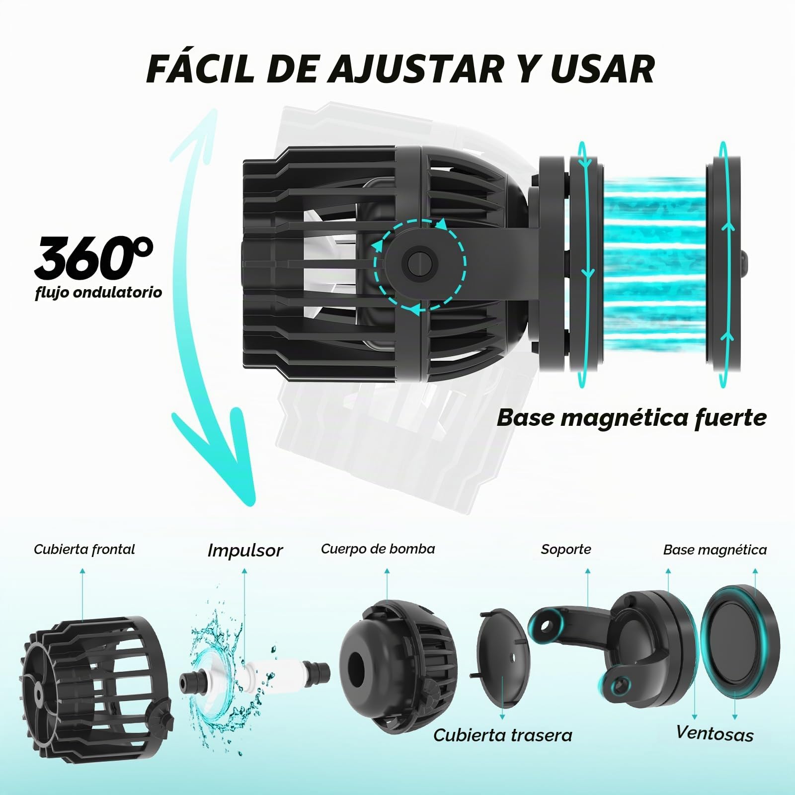 AQQA Máquina de onda para acuario, cabezal de alimentación CC 10 W 4000 L/h, 6 modos y velocidad de flujo ajustable, fabricante ultra silencioso para tanque de agua salada