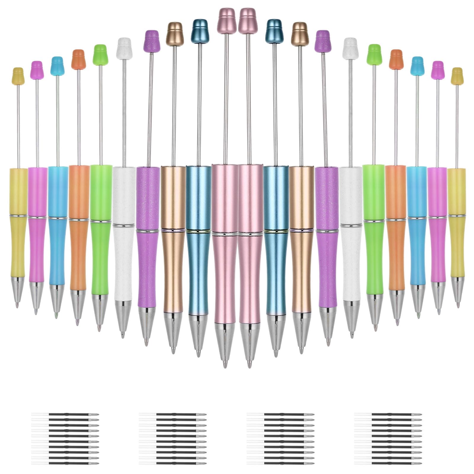 Chanumetal 20 Pcs Beadable Pens, Plastic Beadable Pens Bulk Extra Refills Black Ink Beaded for Children Teacher Students Office School Supplies