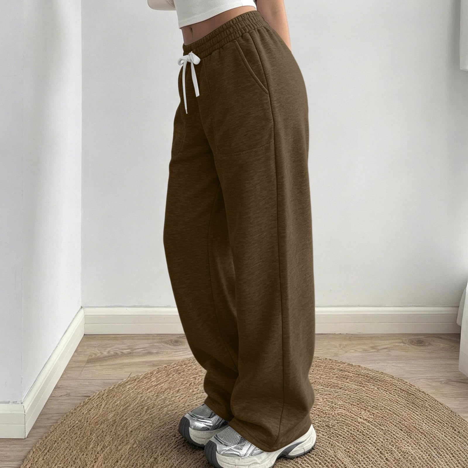 Generico Pantaloni da Jogging Donna Pantaloni Lunghi a Vita Alta Pantlone Cotone con Coulisse Regolabile Leggeri e Comodi Pantalone da Corsa con Tasche Tinta Unita Pants Baggy per Fitness e Sport