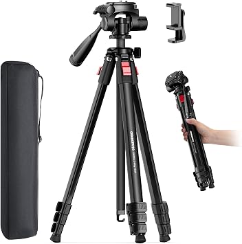CAMBOFOTO 68" Lightweight Travel Camera Tripod Stand, Portable Aluminum DSLR/SLR Tripod and Carry Bag, for Photo, Video & Vlogging, Compatible with Canon/Nikon Camera Matte Black