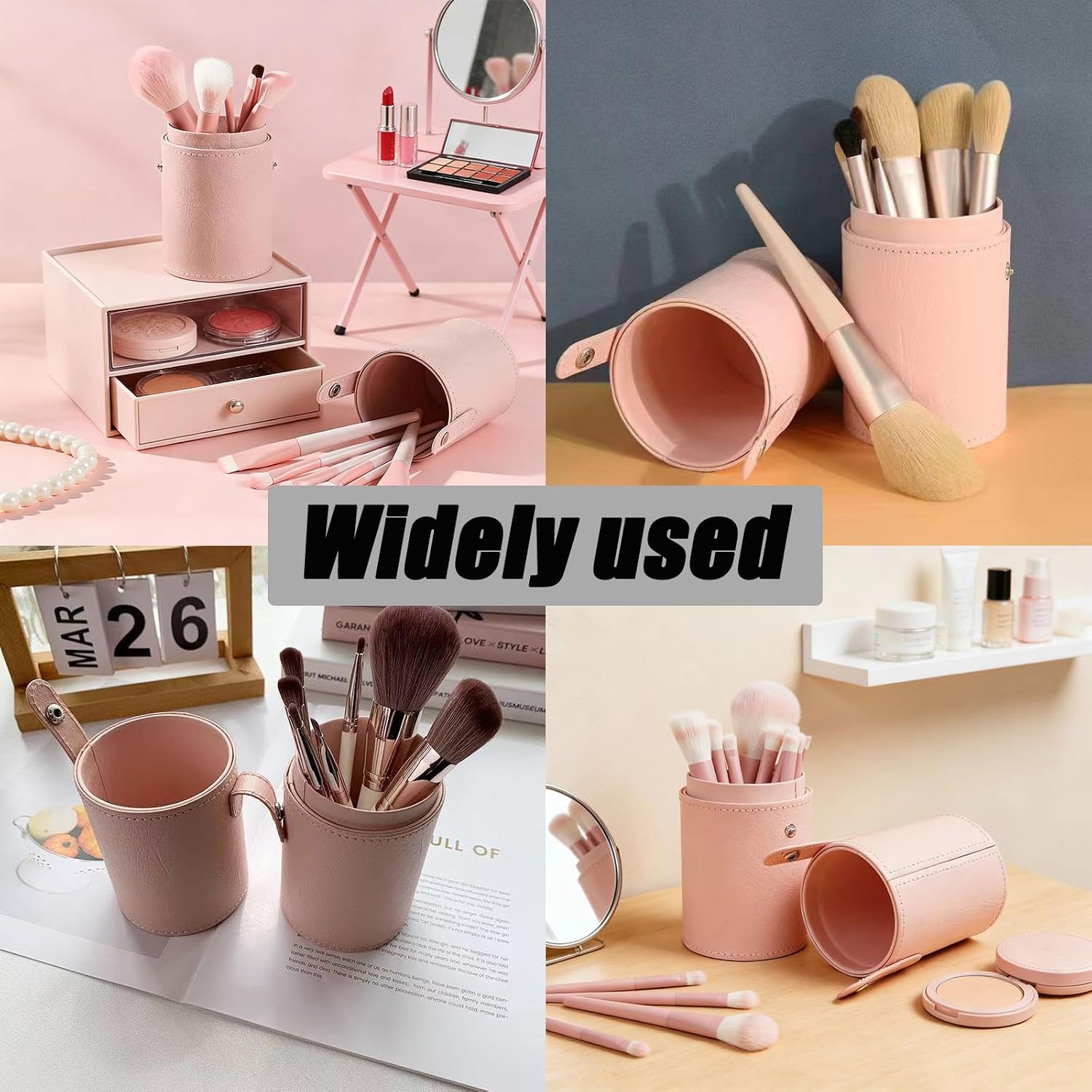 Pu Leather Makeup Brush Holder,Waterproof Travel Makeup Brush Case with Button,Portable Storage Dust-Proof Brush Cylinder Organizer for Vanity/Women(Light Pink)