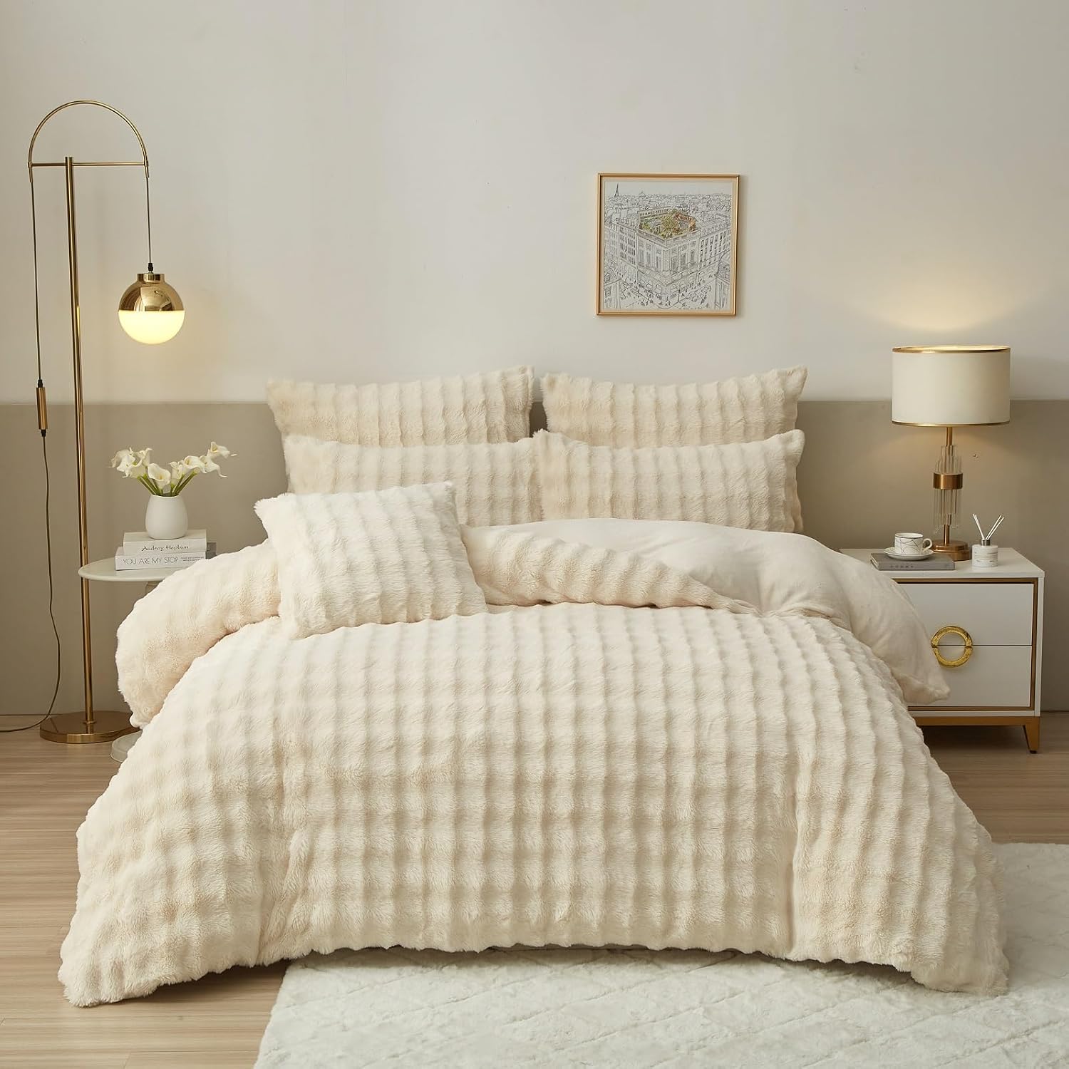 Fluffy Faux Rabbit Fur Duvet Cover Set Twin Size Cream, Luxury Soft Plush Shaggy Comforter Cover for Cold Winter Spring Fall, 2pcs Girls Velvet Fuzzy Furry Bedding Sets Ivory