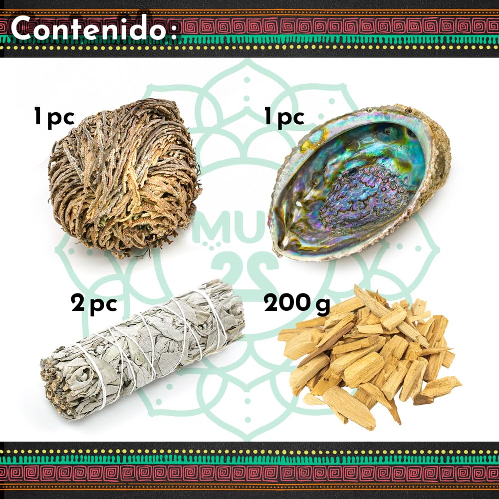 Kit di Fumigazione, Conchiglia di Abalone, Palo Santo Schegge 200 gr, Salvia Bianca e Rosa di Gerico per Purificare e Armonizzare (Kit Schegge)