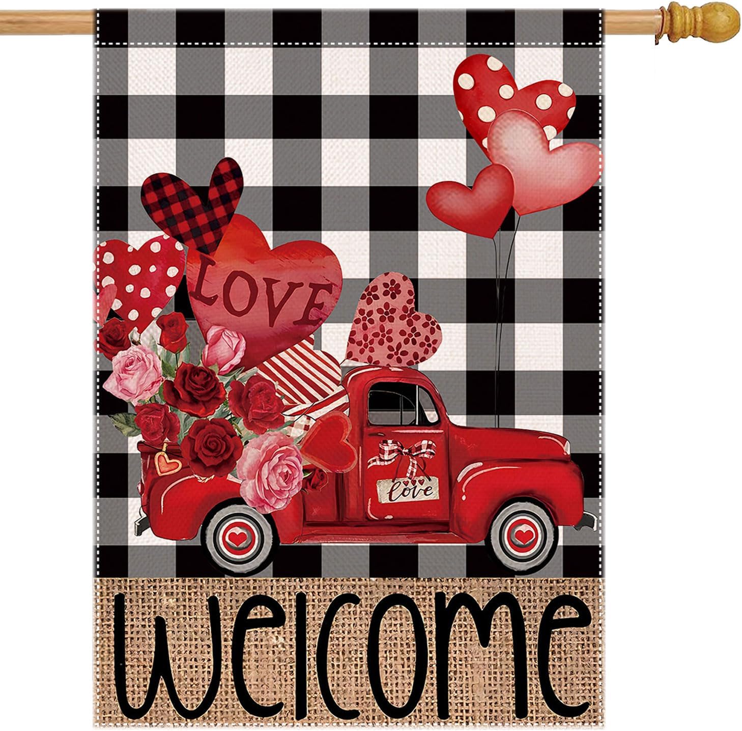 Valentines Day Flags for Outdoors 28 X 40 Double Sided - Large Happy Valentine's Day House Flags Burlap Farmhouse Rustic Welcome Decorative Holiday Flags for Porch Decor Outside Decoration Love Truck