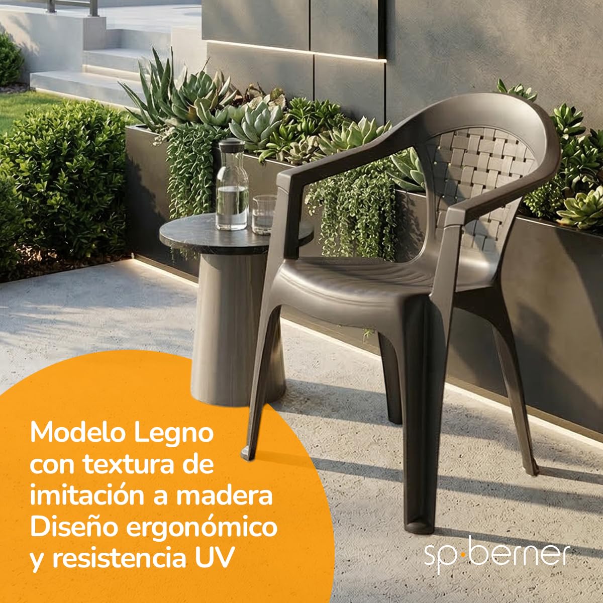 SP Berner SHAF - Pack 6 Sillas de Jardín Apilables - Exterior Terraza, Balcones y Cualquier Zona de Ocio - Plástico Reciclado Resistente UV - Fabricadas en España - Modelo Dream - Wengué