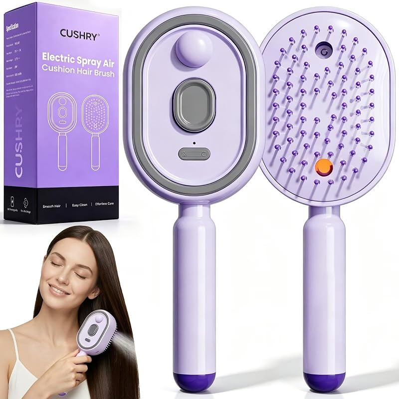 Peine de masaje con cojín de aire en aerosol eléctrico, cepillo de vapor eléctrico 2026 con desenredante de niebla para cabello seco y encrespado, cepillo de cuidado que mejora el brillo autolimpiante para mujeres (morado)