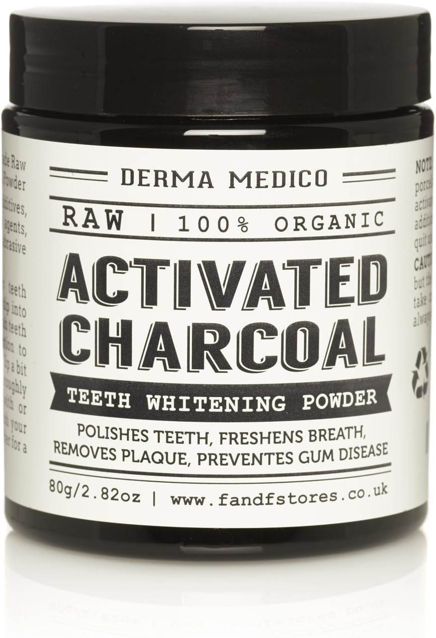 Teeth Whitening Charcoal Activated Powder Natural Raw Coconut Shell by Derma Medico - Tooth Whitener Polishes Teeth, Freshens Breath, & Removes Plaque - Non-Abrasive & Safe