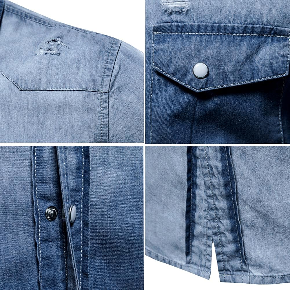 LONGBIDA Mens Denim Shirt Button Down Long Sleeve Casual Slim Fit Shirts - Image 2