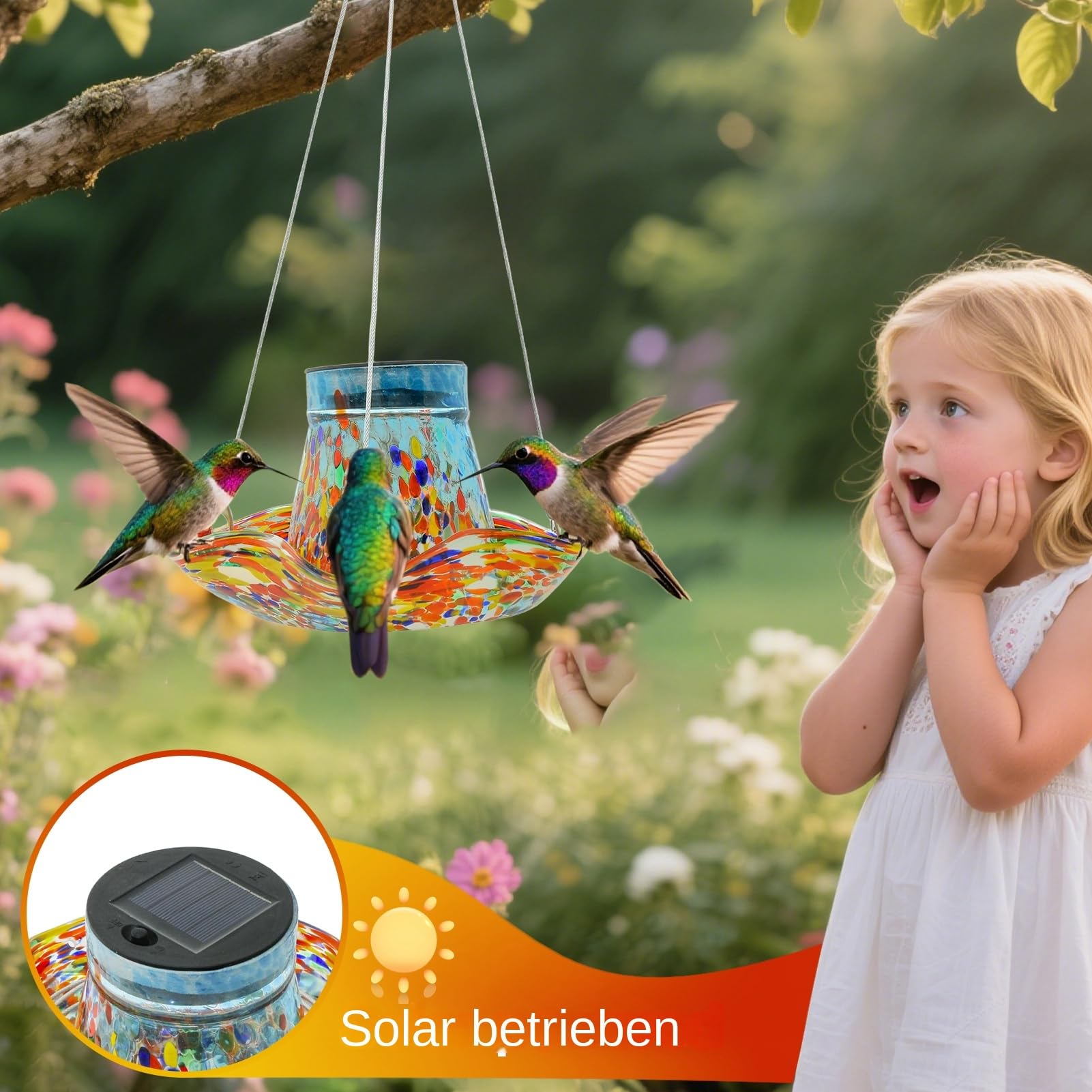 para Colibríes Alimentador Solar para Aves Al Aire Libre | Bebedero Artístico Para Jardín, Decoraciones Solares Con Vidrieras y Regalo Para Hombres y Mujeres