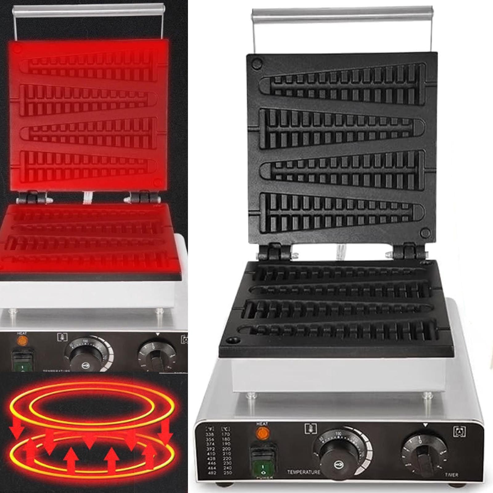 Gaufrier éLectrique 1750W, Machine à Gaufres, Moule en Fonte AntiadhéSif en Pin, Gaufrier Commercial pour BâTonnets De Sucettes, Plaques - TempéRature 50-250 ℃ / Minuterie 5 Min Black