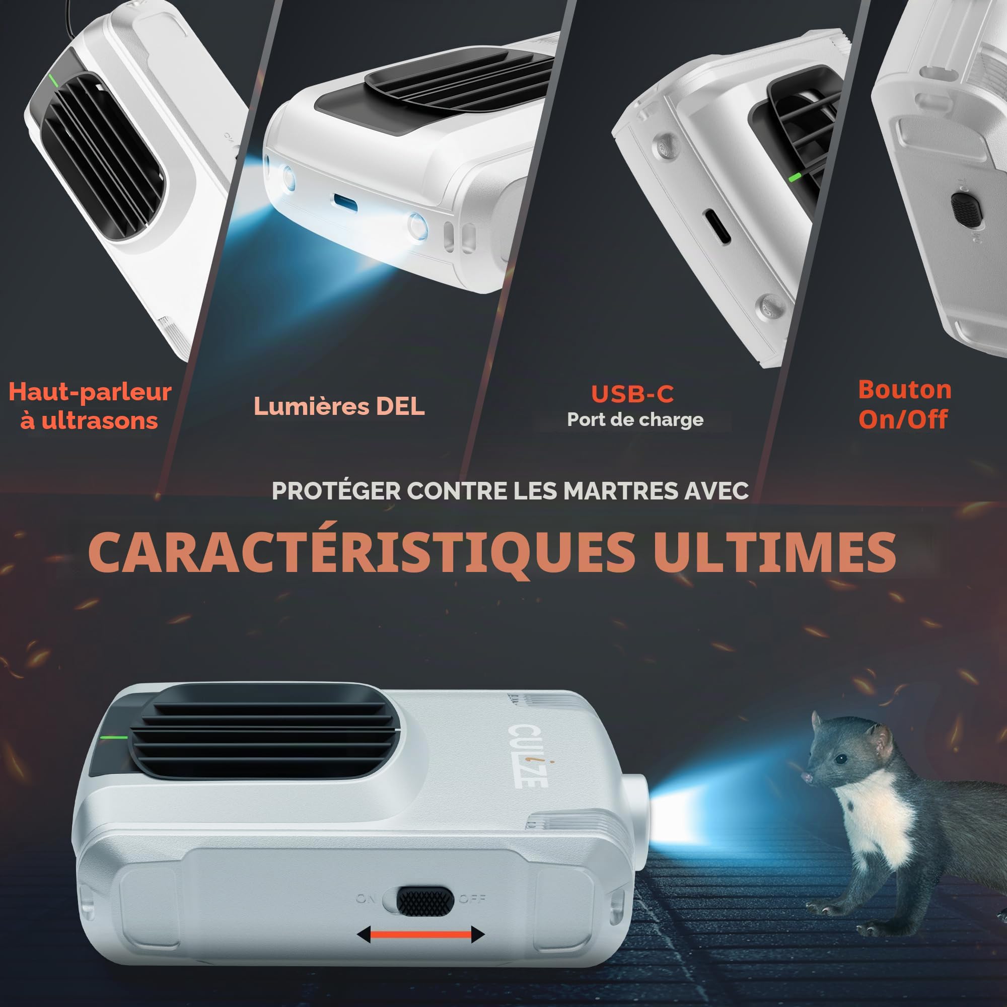 Répulsif à gueules 3 en 1 avec ultrasons et anti-accoutumance d'environ 100 m² - Avec capteur infrarouge et protection 3 fois - Protection contre les martres pour voiture