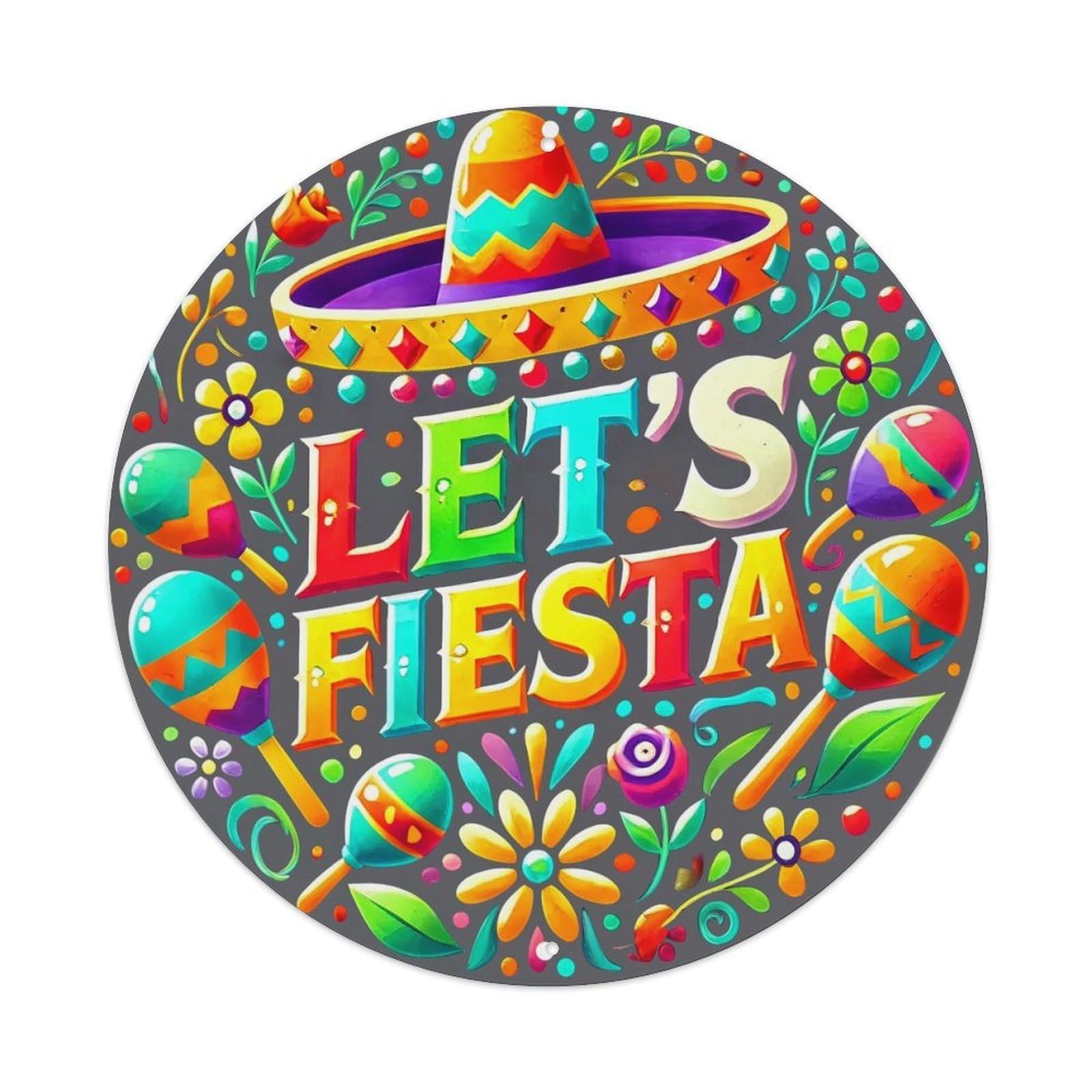 Colorful Fiesta Theme Design With Maracas And Sombrero Round Tin Sign Vintage Metal Sign Home Bar Garden Indoor & Outdoor Wall Decor Retro Metal Poster 8x8 Inch