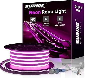 SURNIE 50ft Pink LED Neon Lights, IP65 Waterproof LED Light Strip Flexible Cuttable AC 110V LED Rope Lights DIY, Indoor Outdoor for Residential, Commercial Building Decoration