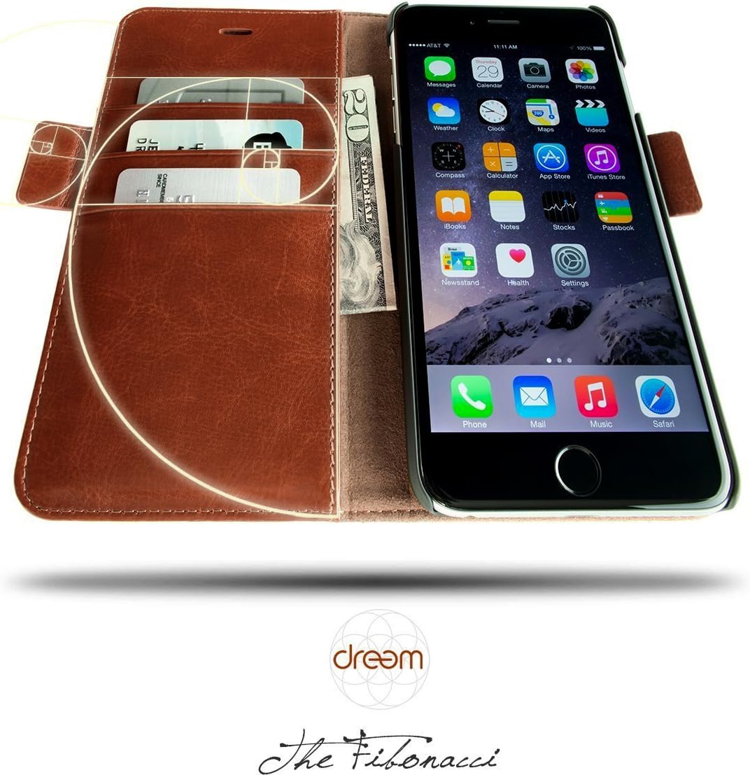 Dreem Fibonacci 2-in-1 Wallet-Case for iPhone 8 & 7, Magnetic Detachable PC Slim-Case, Luxury Vegan Leather, RFID Protection, Smart 2-Way Stand, Gift-Box - Caramel