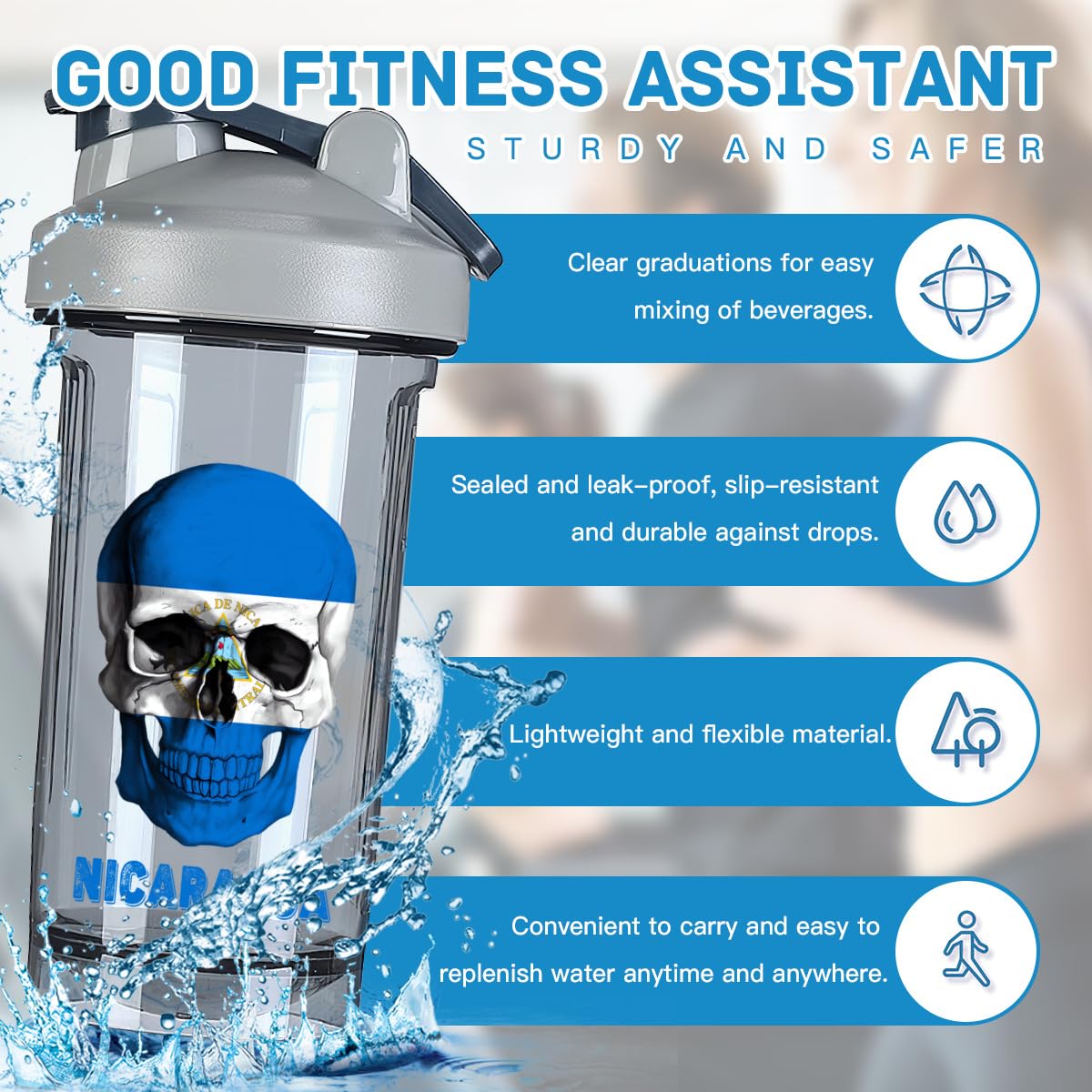 Skull Nicaragua Flag 18 Ounce Shaker Cup,Fashion Theme Pattern Shaker Bottle Leak-proof Workout Shake Bottles 500ML/18 oz Perfect for Pre Workout