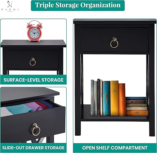 Miniatura 8 de Naomi Home Mesa auxiliar de madera con estante de almacenamiento, mesitas de noche para dormitorios, mesita de noche pequeña, mesa auxiliar con