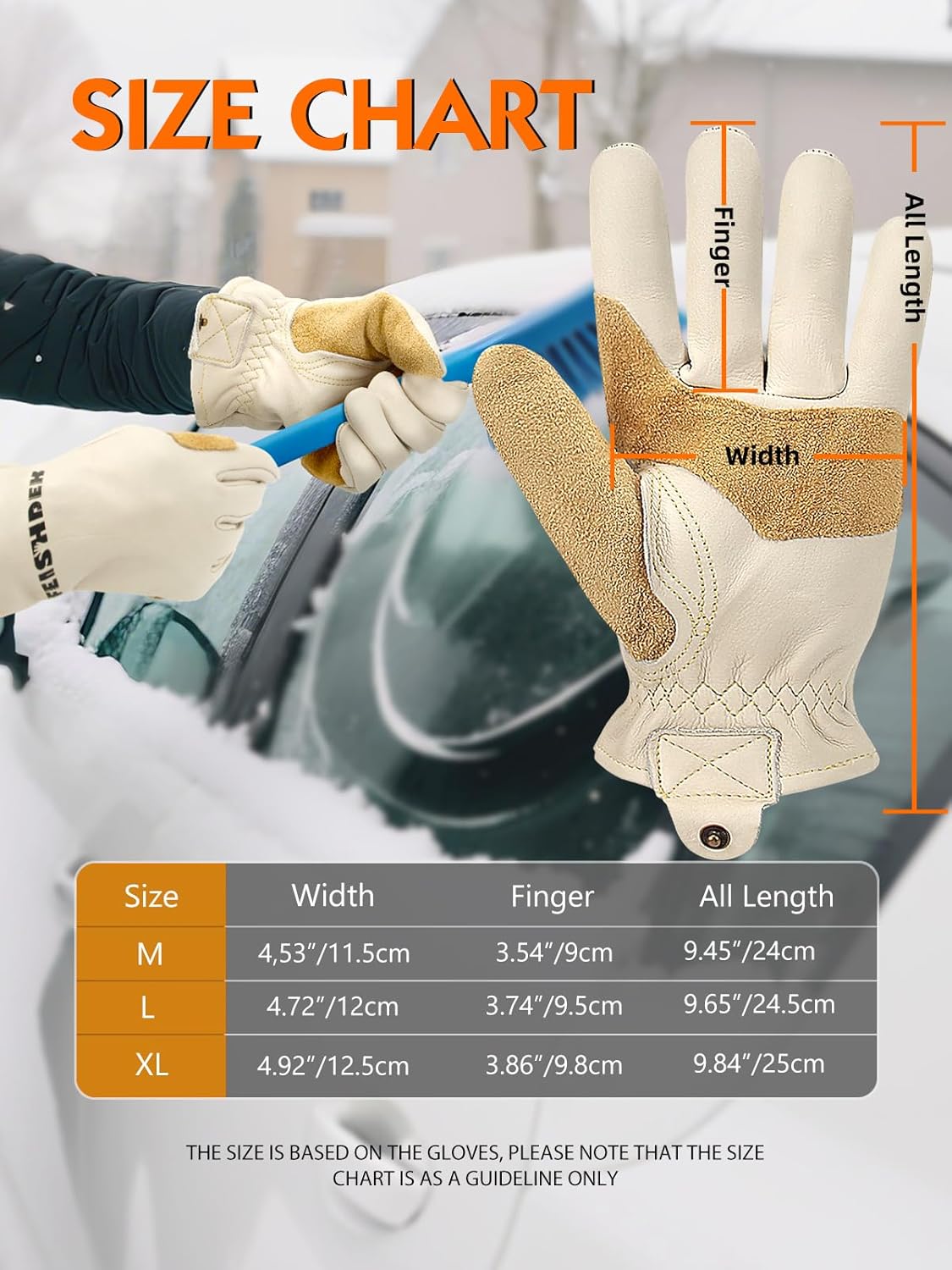 Waterproof Winter Work Gloves, Cowhide Leather, White & Tan, Cold Weather Protection, Anti-Lost Buckle for Carpentry