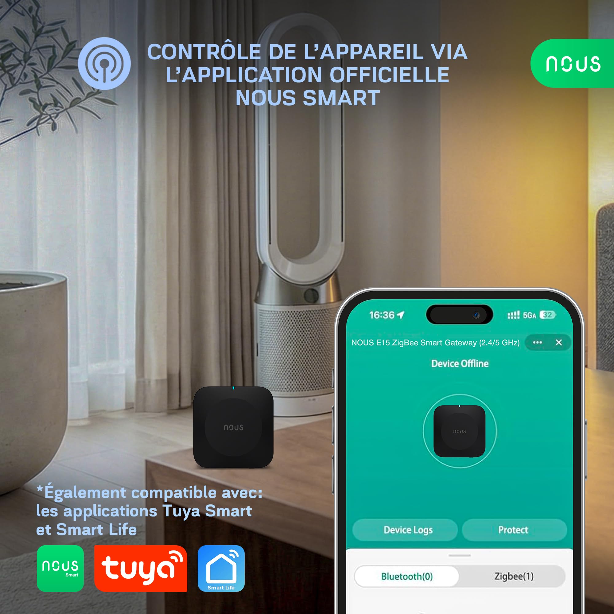 NOUS E15 Passerelle ZigBee 3.0 Smart Gateway 2.4/5 GHz, Hub Domotique, Contrôle via App, Compatible Alexa & Google Home, Jusqu’à 128 Appareils, WiFi Double Bande