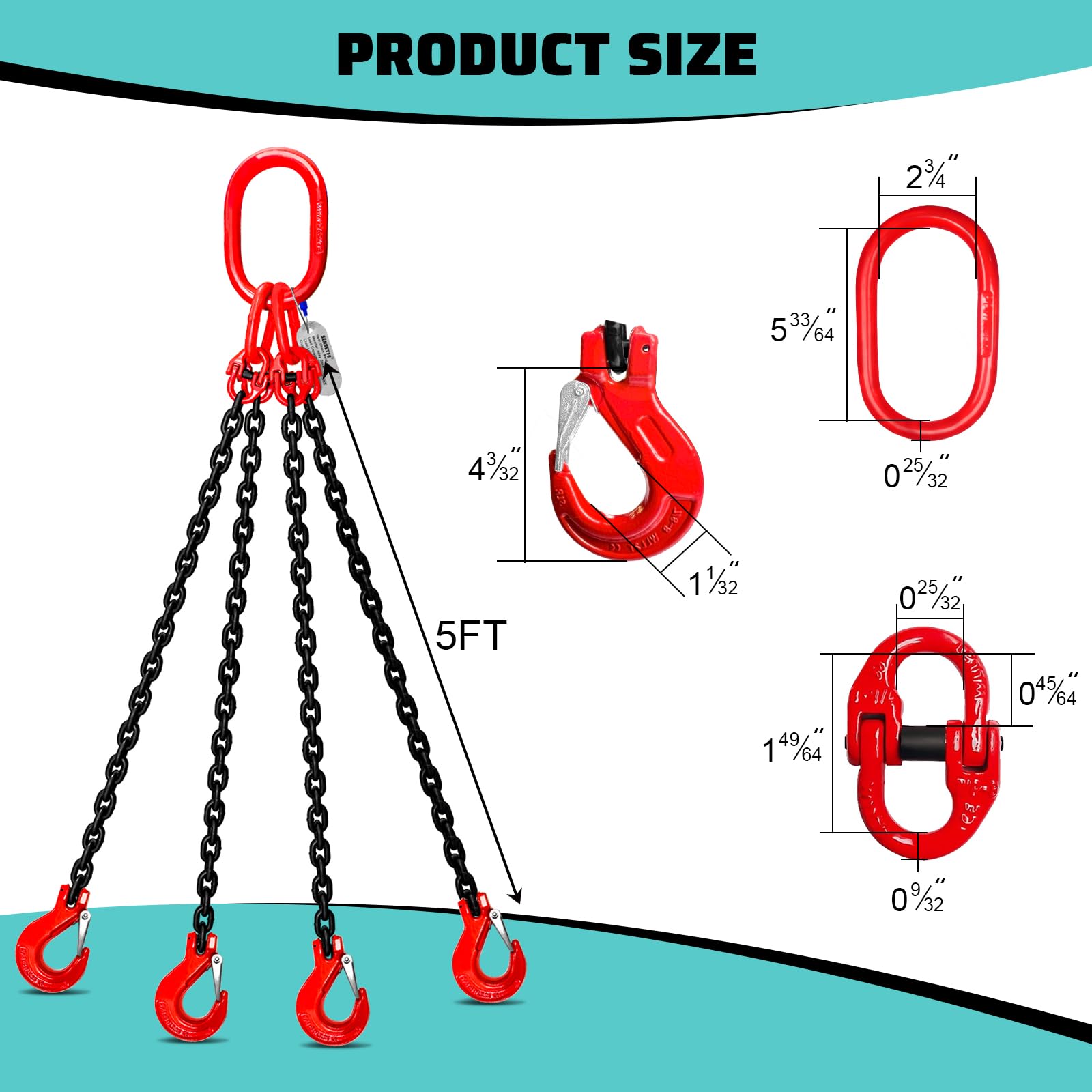 Eslinga de cadena de 3 toneladas de 1/4 pulgadas x 5 pies, 4 patas, ganchos de agarre industriales, capacidad de 6600 libras, eslingas de elevación de aleación de acero G80, elevadores de