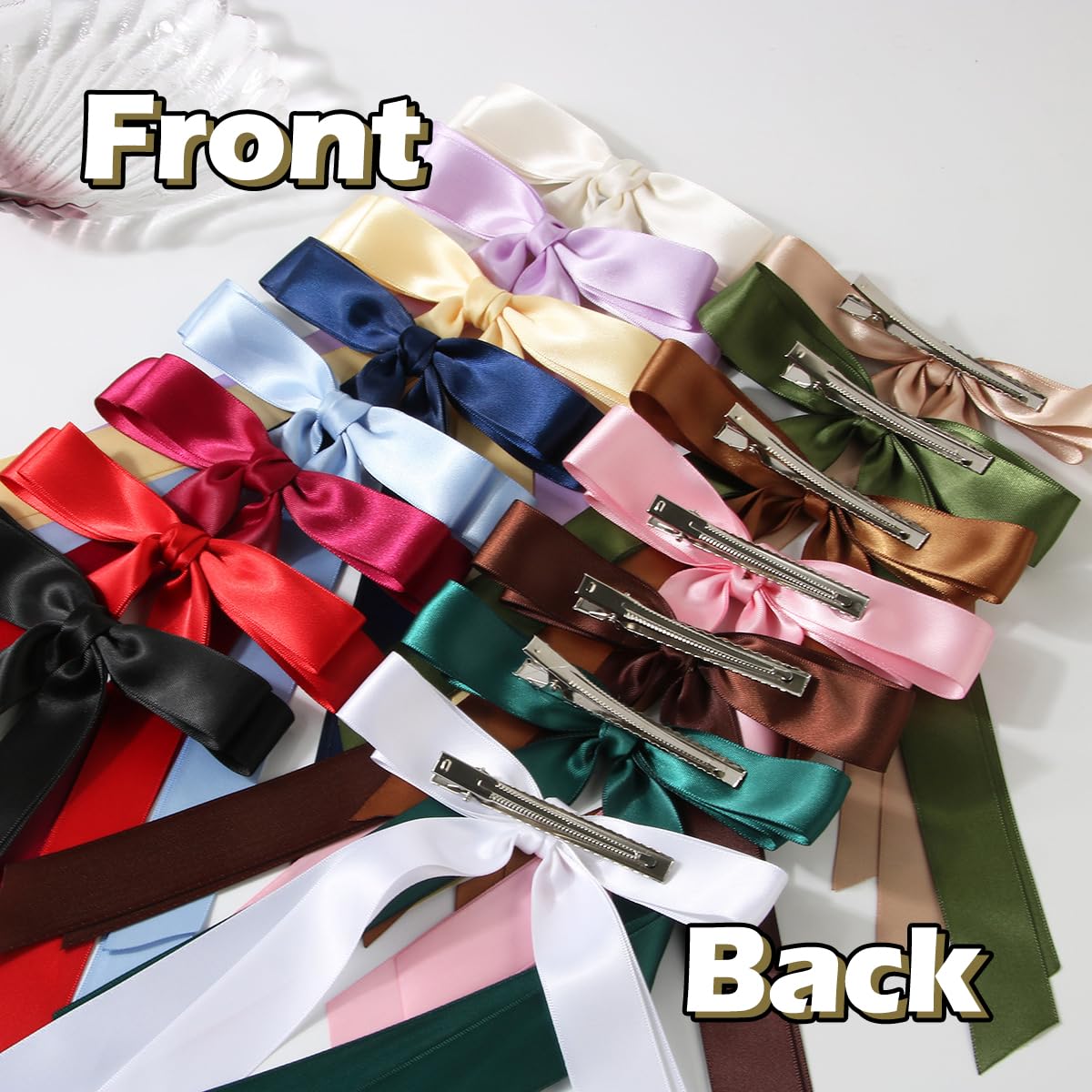 BOJVESH 12Pcs Silky Satin Hair Bows Clips, Slide Metal Clips with Long Tail, Solid Color French Barrette - Image 3