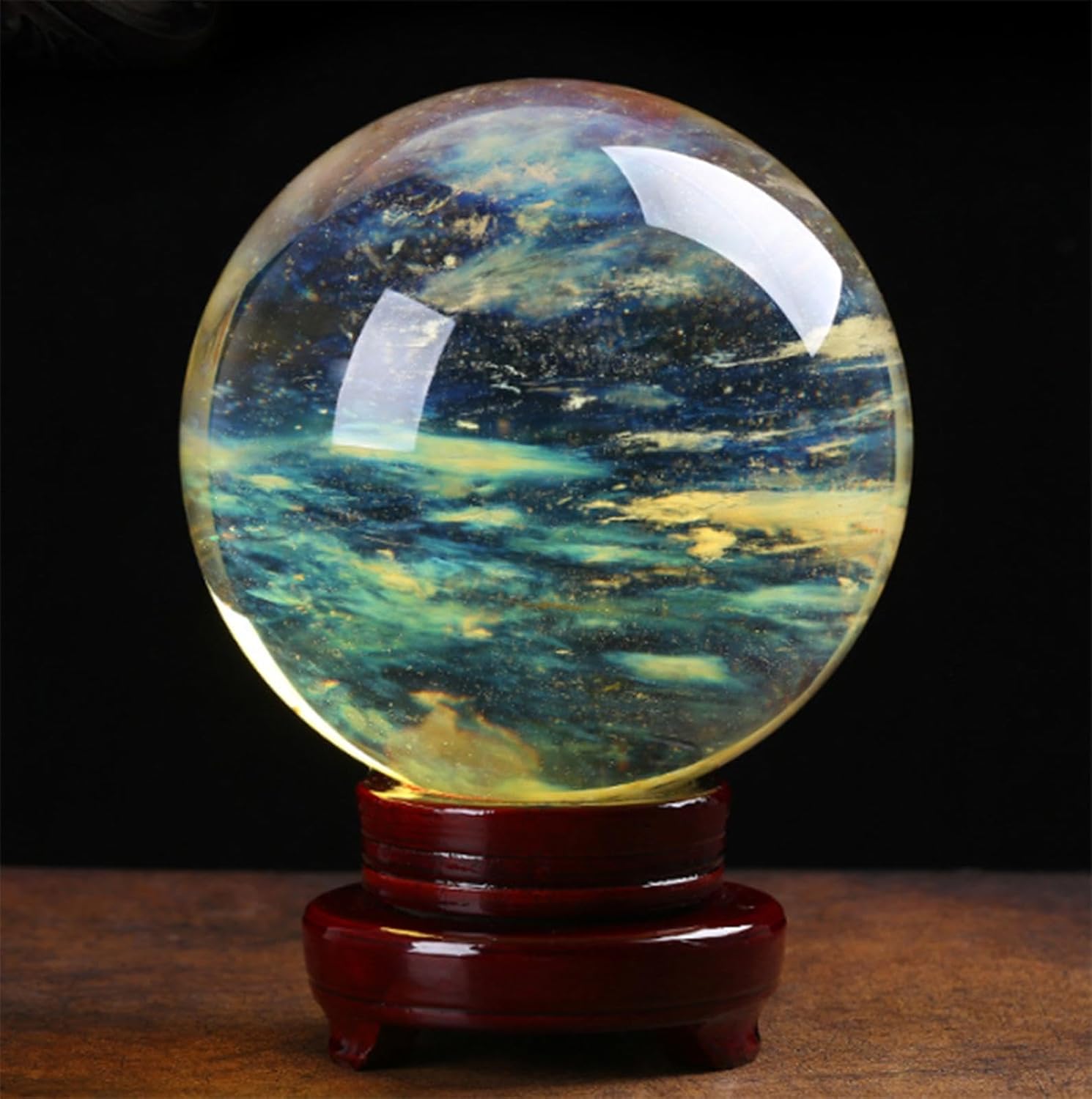 Melting Yellow Crystal Ball Citrine Sphere with Wooden Stand Quartz Ball Crystal Ball for Feng Shui Home Decoration,16cm