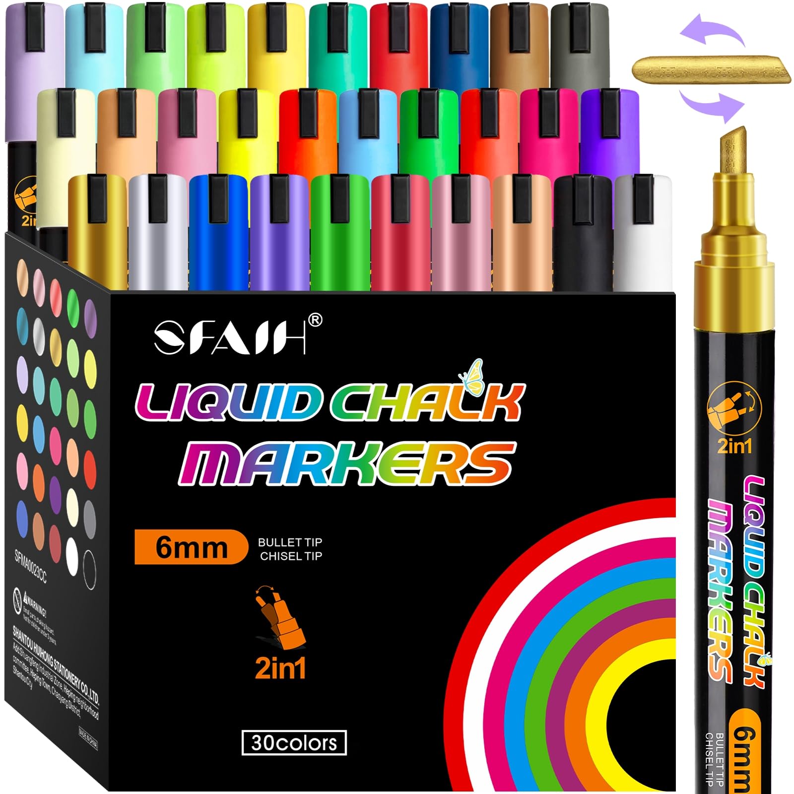 SFAIH Liquid Chalk Markers [1-Second Wet Wipe] No Residue - 6mm 30 Colors [Neon+Pastel+Metallic] Zero Dust Chalkboard Markers for Chalkboard Calendar,