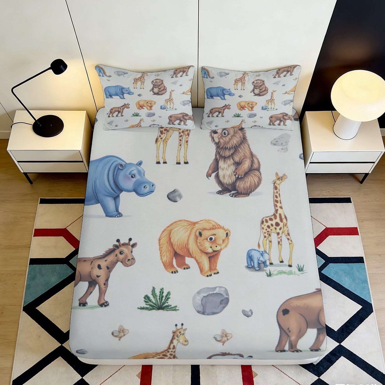 3D Printed Cartoon Animal Fitted Sheet Microfiber Soft Breathable Jungle Wildlife Mattress Cover for Bedroom Dorm Mattress Protection Decor 160x200x25cm
