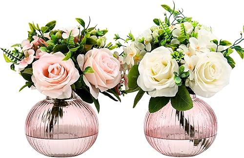 Miniatura 52 de Jarrón redondo de cristal, floreros para ramo, jarrones de vidrio acanalado para flores, pequeño jarrón transparente para sala de estar, oficina,