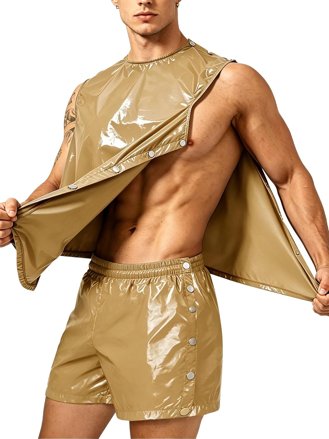 Men 2 Piece Outfits Plastic Shirts with Shorts Set Loose Outfit Running Training Suit Tearaway Clothing