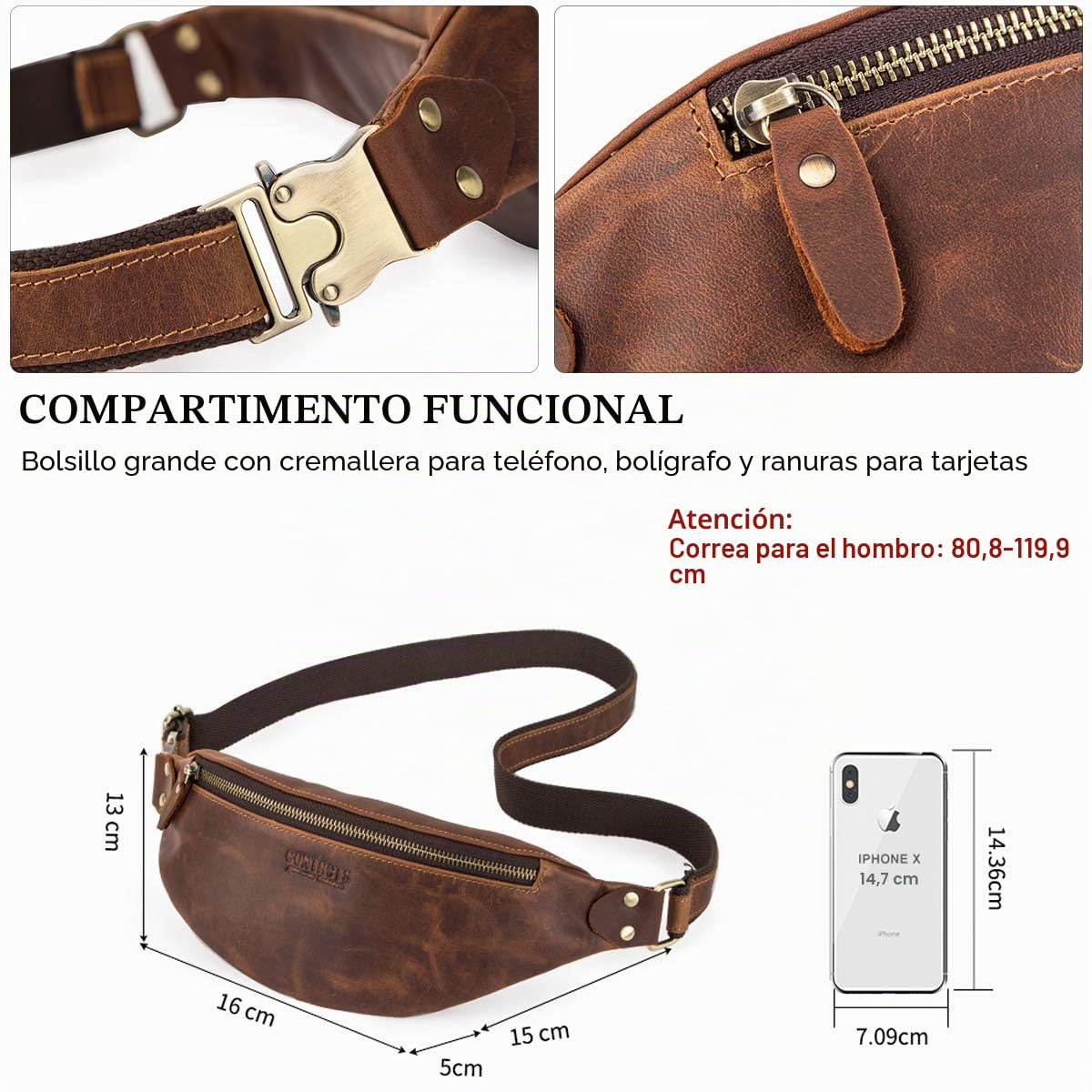 Contacts Bolso Bandolera de Piel auténtica para Hombre, Bolso Bandolera pequeño para Hombre de Cuero Bolsa de cinturón Senderismo Fuera del Pecho de Viaje Bolsa para teléfono