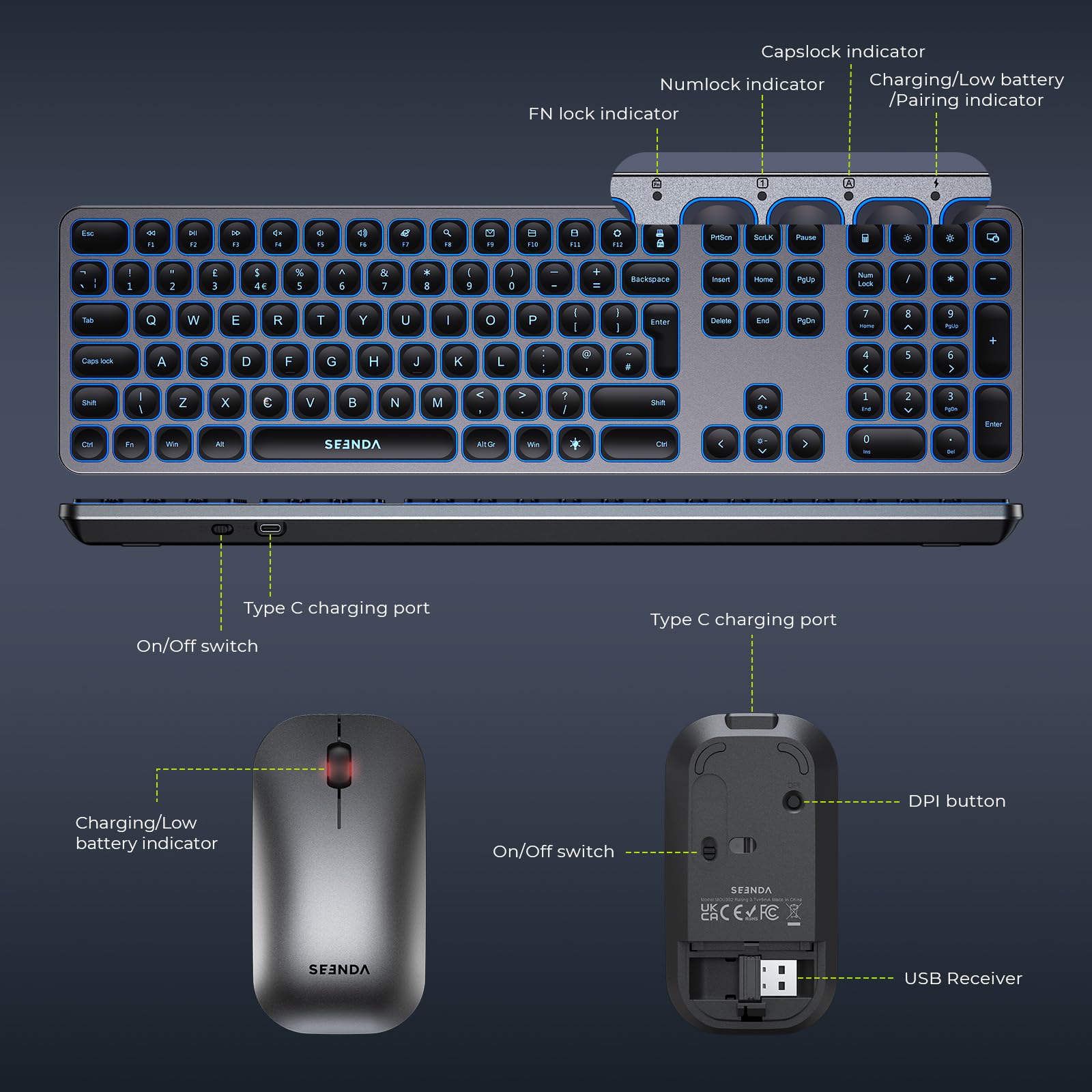 seenda Tastiera e mouse wireless, retroilluminazione a 3 colori (rosso-bianco-blu), ultra sottile ricaricabile retroilluminato silenzioso USB tastiera e mouse set completo QWERTY UK per PC Windows
