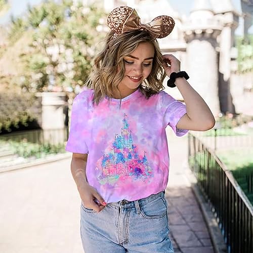 Miniatura 2 de FRYAID Camiseta mágica para mujer, diseño de castillo del reino y teñido anudado, camisetas de manga corta para vacaciones familiares