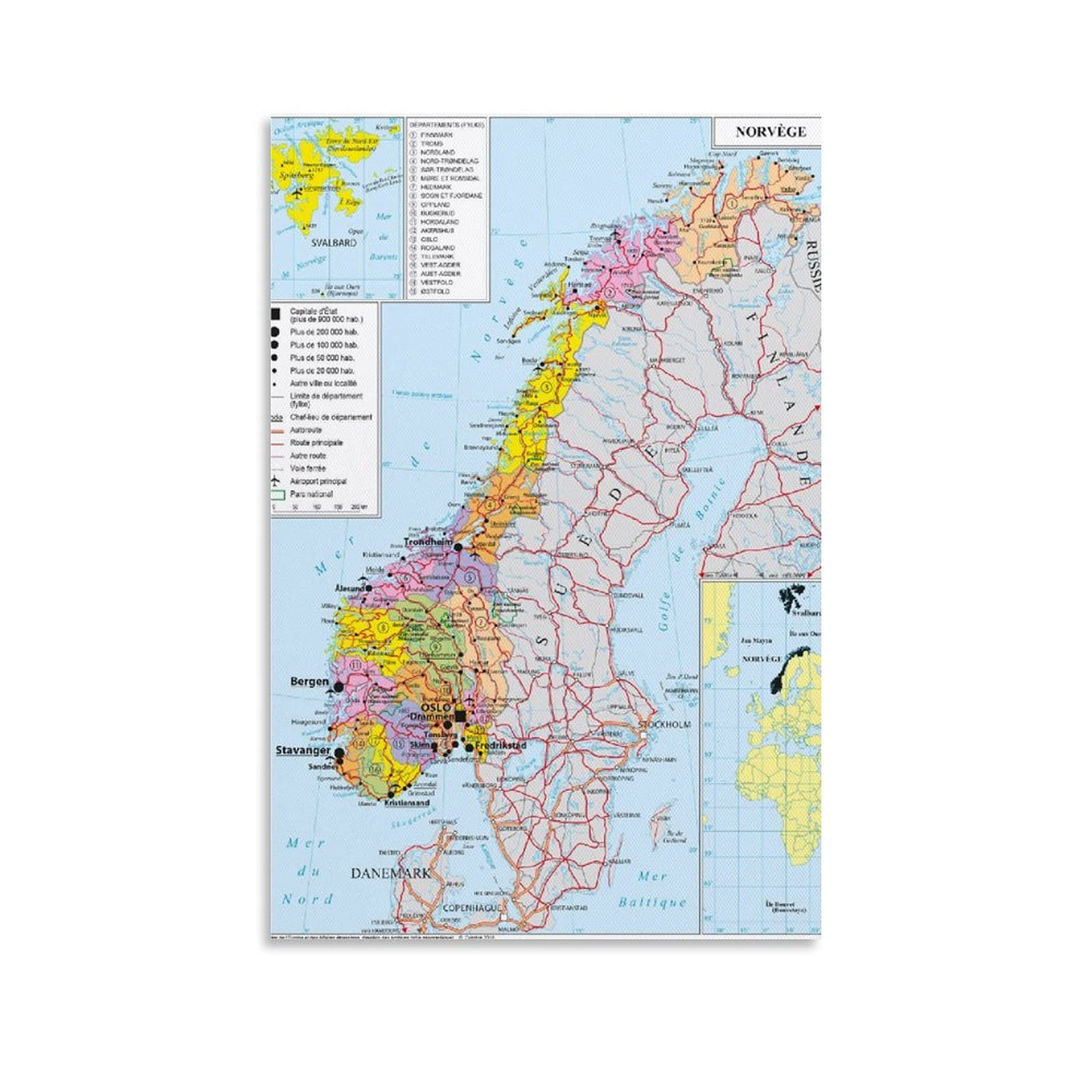 Geopolitical Map of Norway Canvas Art Poster And Wall Art Picture Print Modern Family Bedroom Decor Posters 08x12inch(20x30cm)