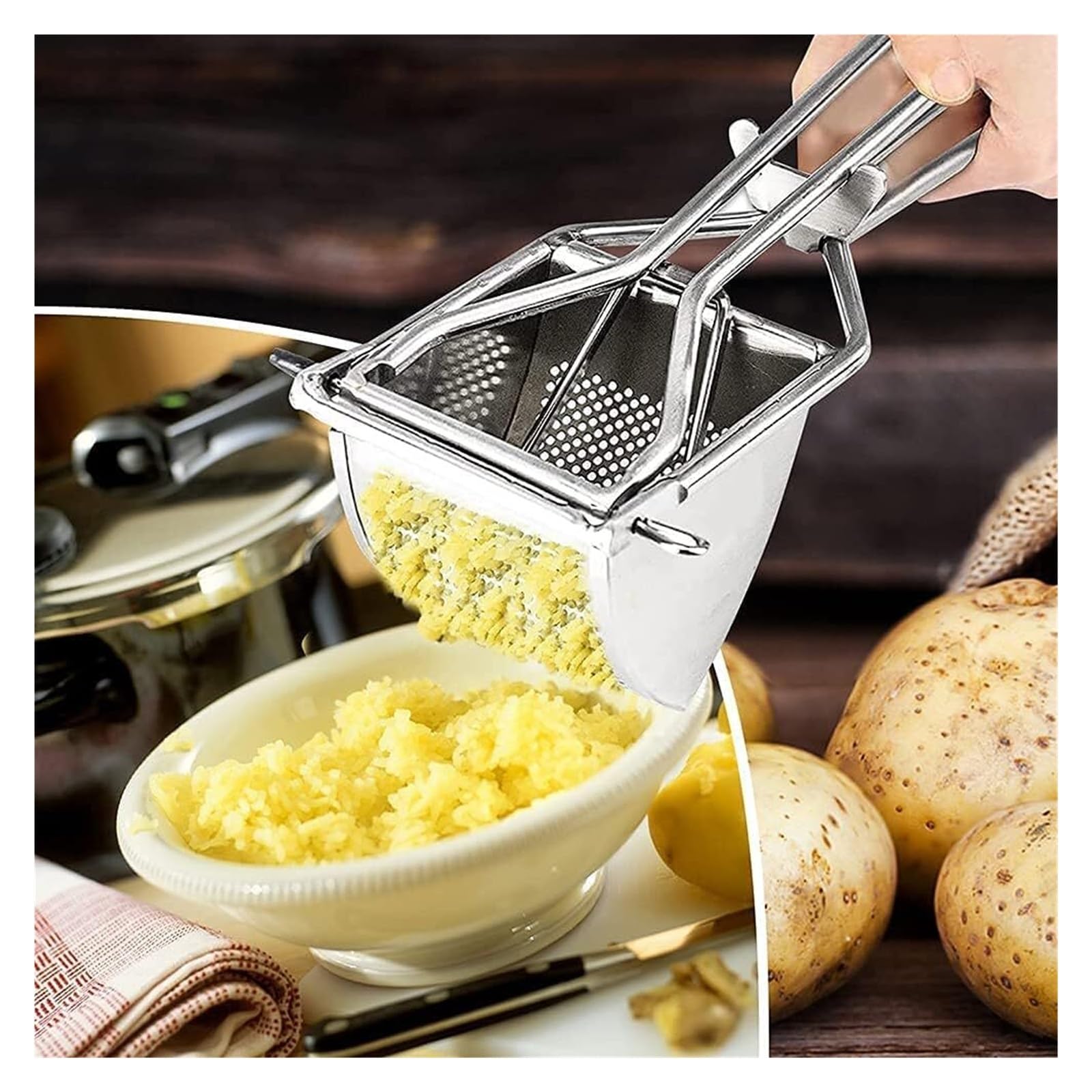 Kartoffelbrecher, Kartoffel-Reismaschinen, Edelstahl-Kartoffelpresse, Kartoffelstampfer, Quetscher, Lebensmittelsieb, Presssieb, Lebensmittelpresse und Zitronenpresse, Saftbereiter, hygienisch und lei