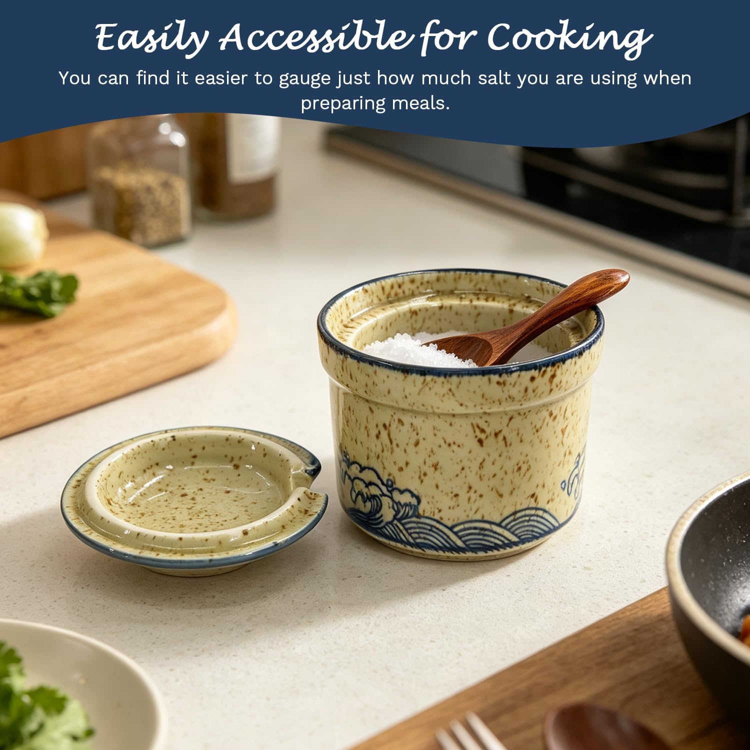Ceramic Salt Cellar, Simple Straight Body with Lid & Wooden Spoon, for Storing Salt Pepper Sugar Herbs Spices, Kitchen Seasoning Jar