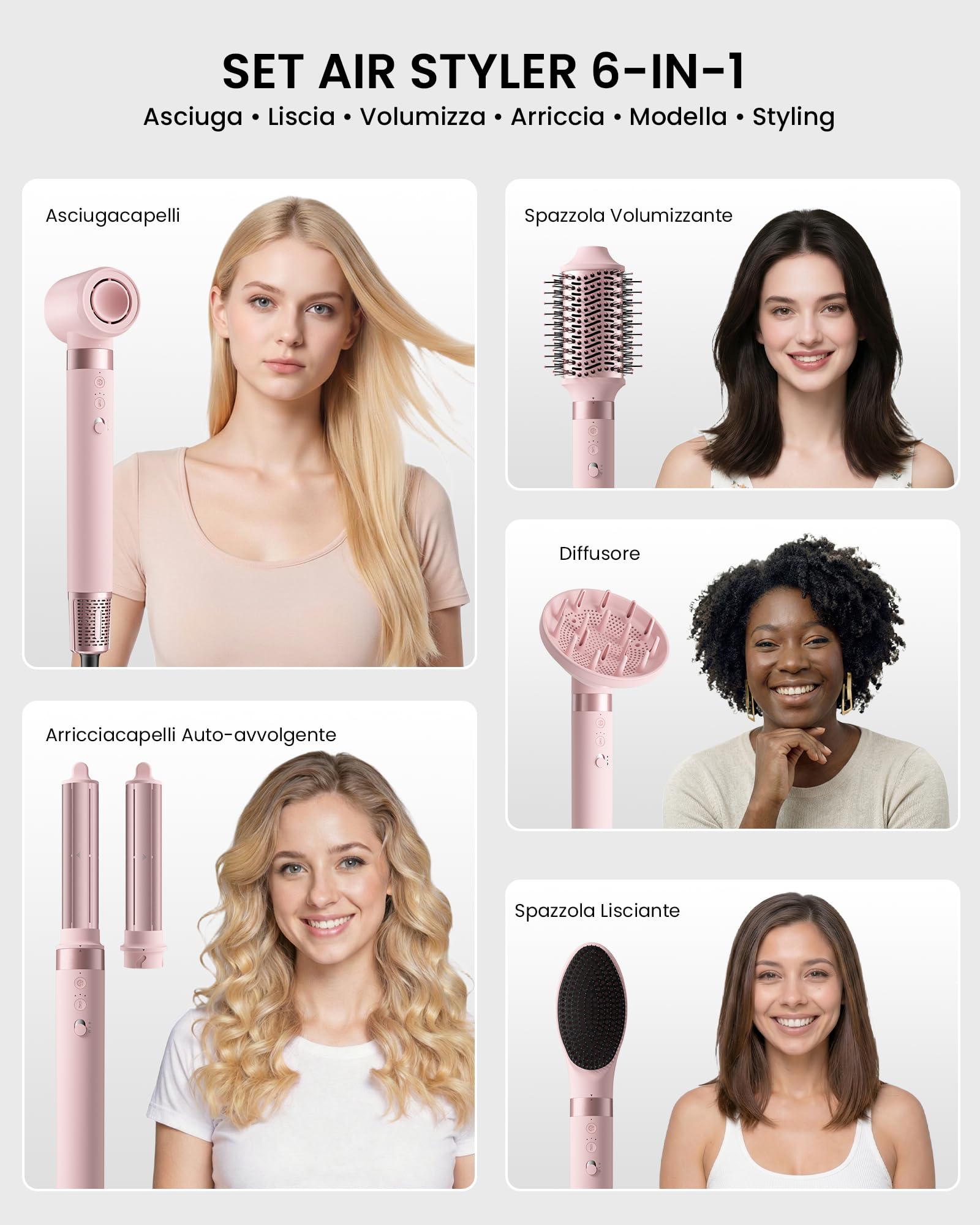 MESCOMB Air Styler 6 in 1, Asciugacapelli Ionico, Spazzola per Capelli | Arricciacapelli Automatico, Spazzola Lisciante e Volumizzante, Diffusore per Ricci, Asciugatura Rapida, Borsa da Viaggio
