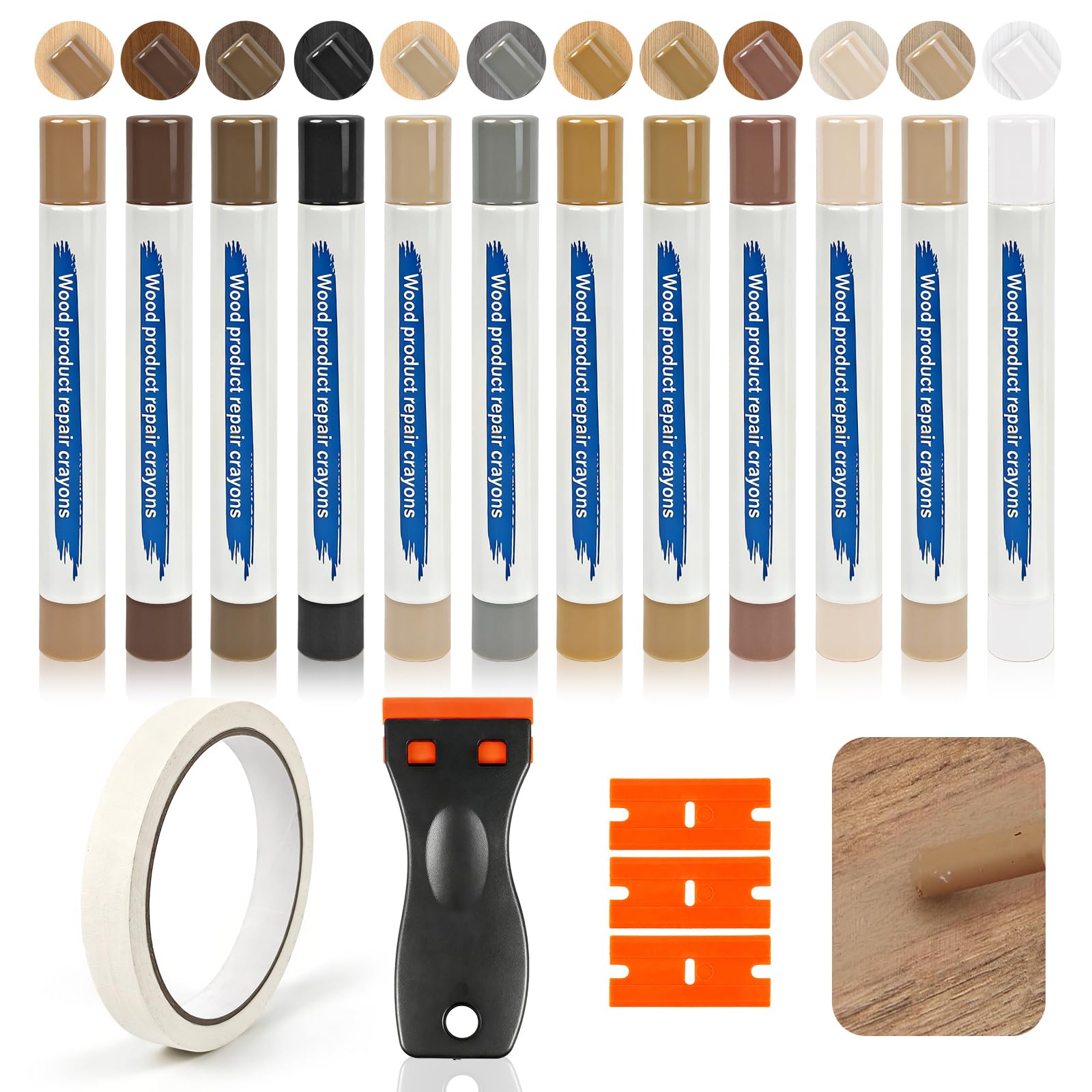 12Pcs Wax Filler Sticks with Scraper, Wax Filler Wood Scratch Repair Crayons, Light to Dark Brown Oak Laminate Floor Repair Kit Multi-Surface Wood Filler for Furniture Laminate Floor Table Door Guitar