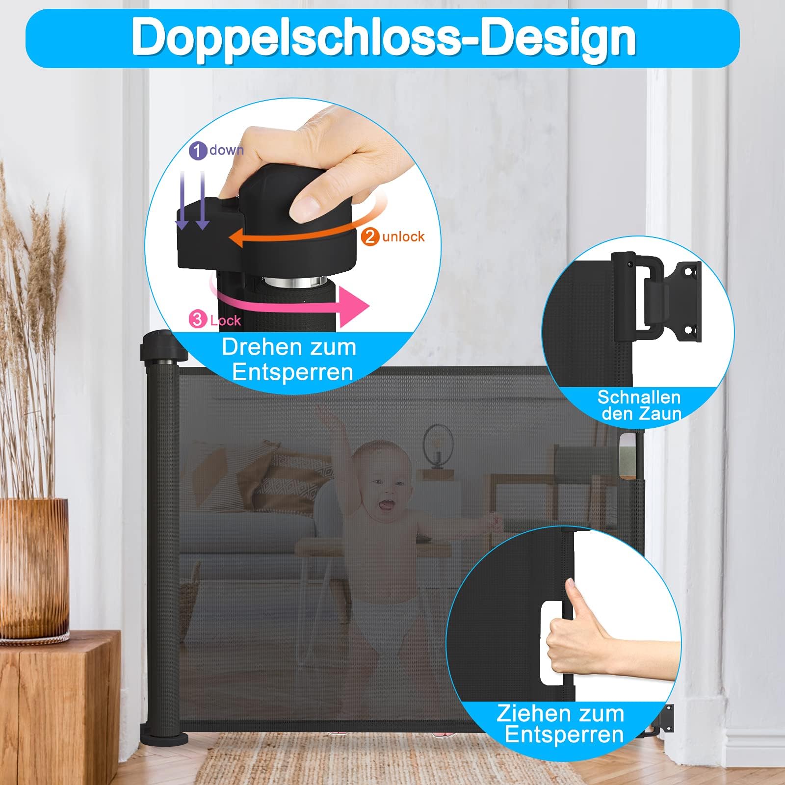 LARS360 Barrera de seguridad extensible de 0 a 180 cm, barrera para bebés, puerta retráctil, extensible, separador de seguridad para interior y exterior (negro)