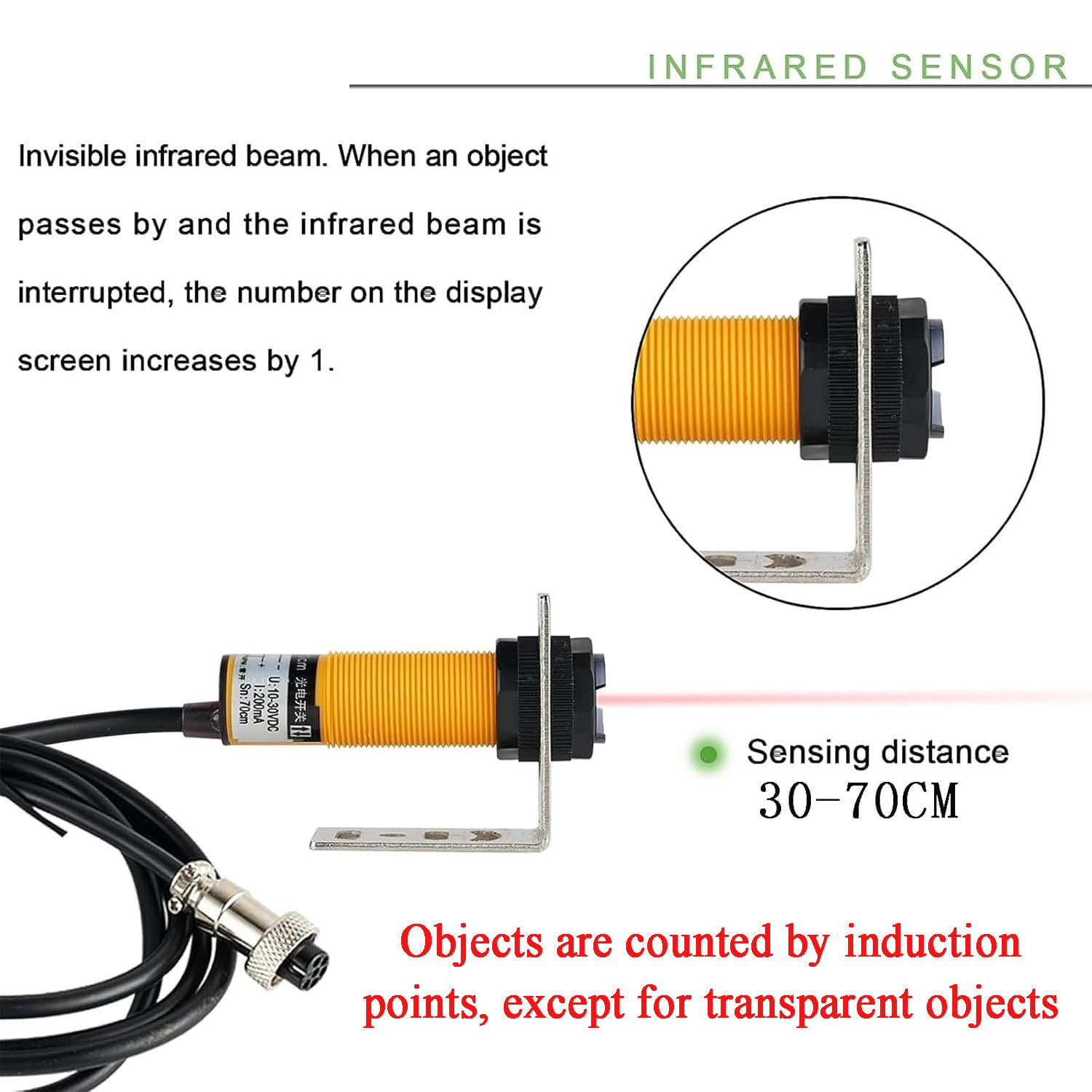Contador digital LED, pantalla de 6 dígitos, sensor infrarrojo, cuenta hasta 999999, distancia de inducción ajustable de 30 a 70 cm, perfecto para cinta transportadora y conteo de visitantes