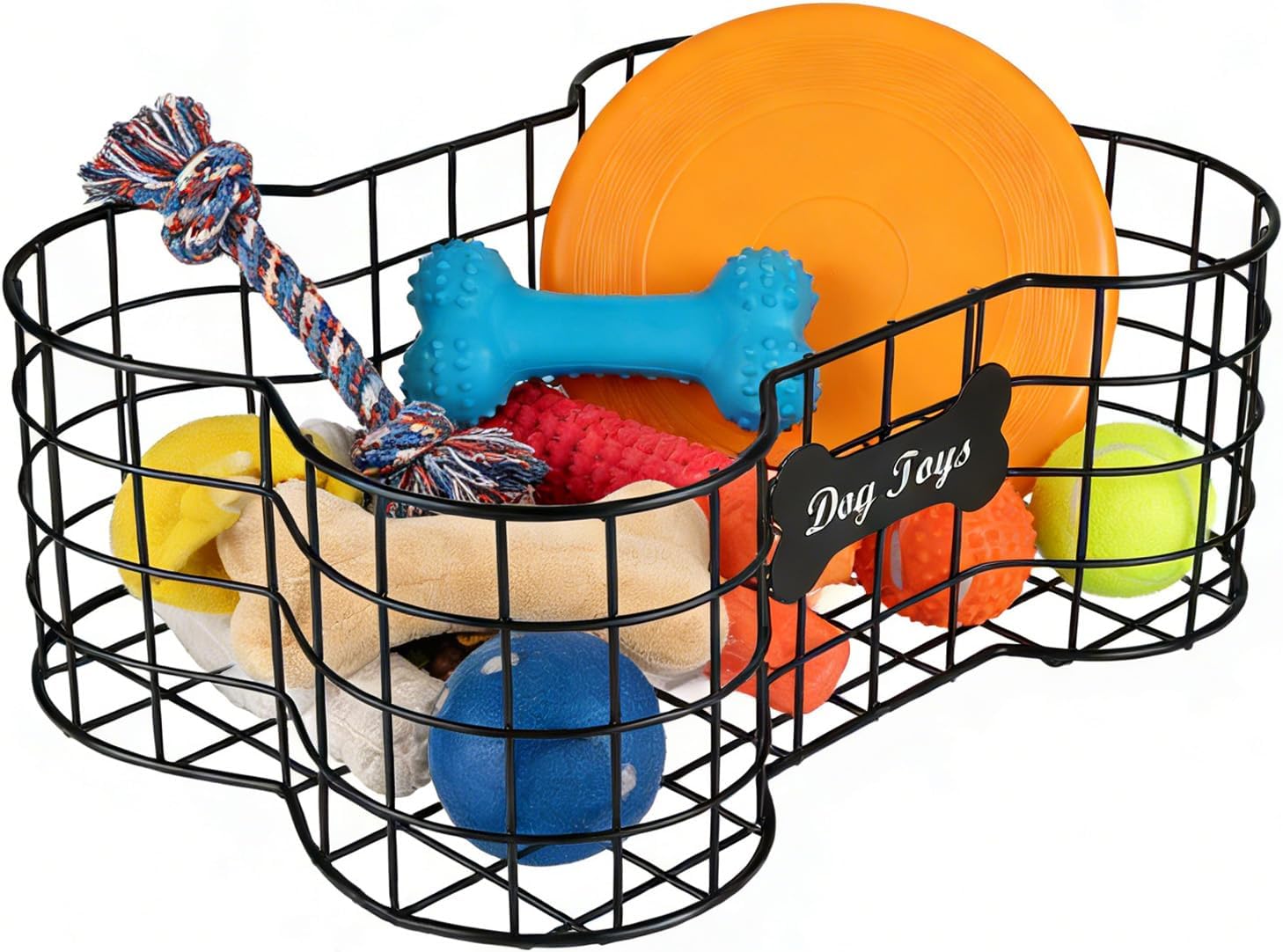 Metal Dog Toy Basket,Iron Wire Dog Toy Bin,Dog Bone Shaped Basket,Puppy Toy Stuff Organizer,Sturdy Dog Storage for Dog Toys,Harness,Leash,Blanket,Snacks,Accessories-Black