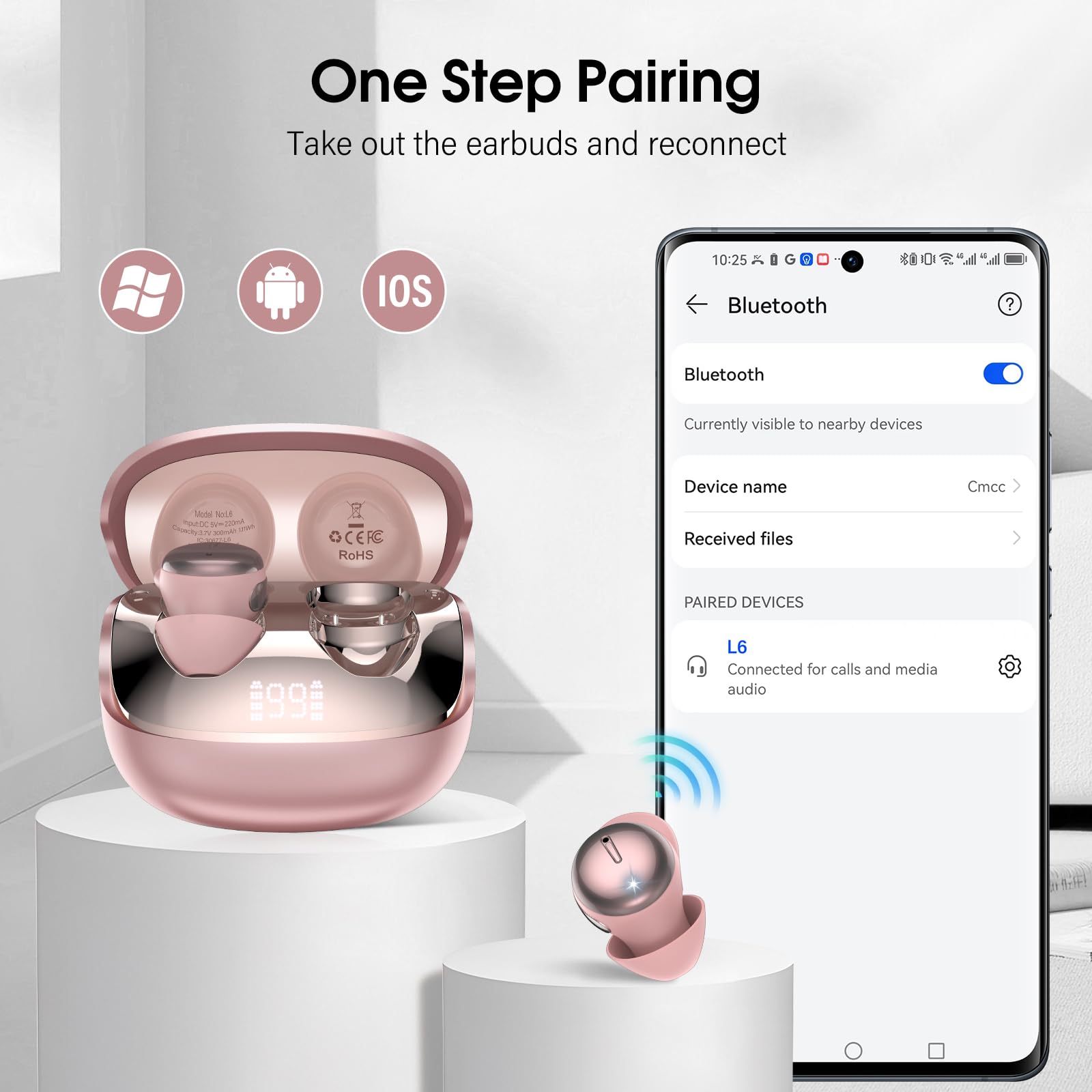 Auriculares Inalámbricos con Pantalla Táctil LED, Auriculares Bluetooth HiFi Estéreo, Mini Auriculare para Dormir Oro Rosa