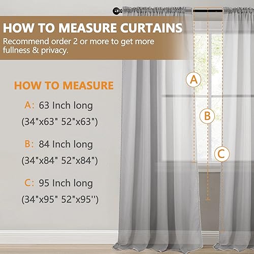 Miniatura 7 de Tony's collection Cortinas traslúcidas plateadas de 96 pulgadas de largo, con bordado lateral, con volantes y bolsillo para cortinero, cortinas para