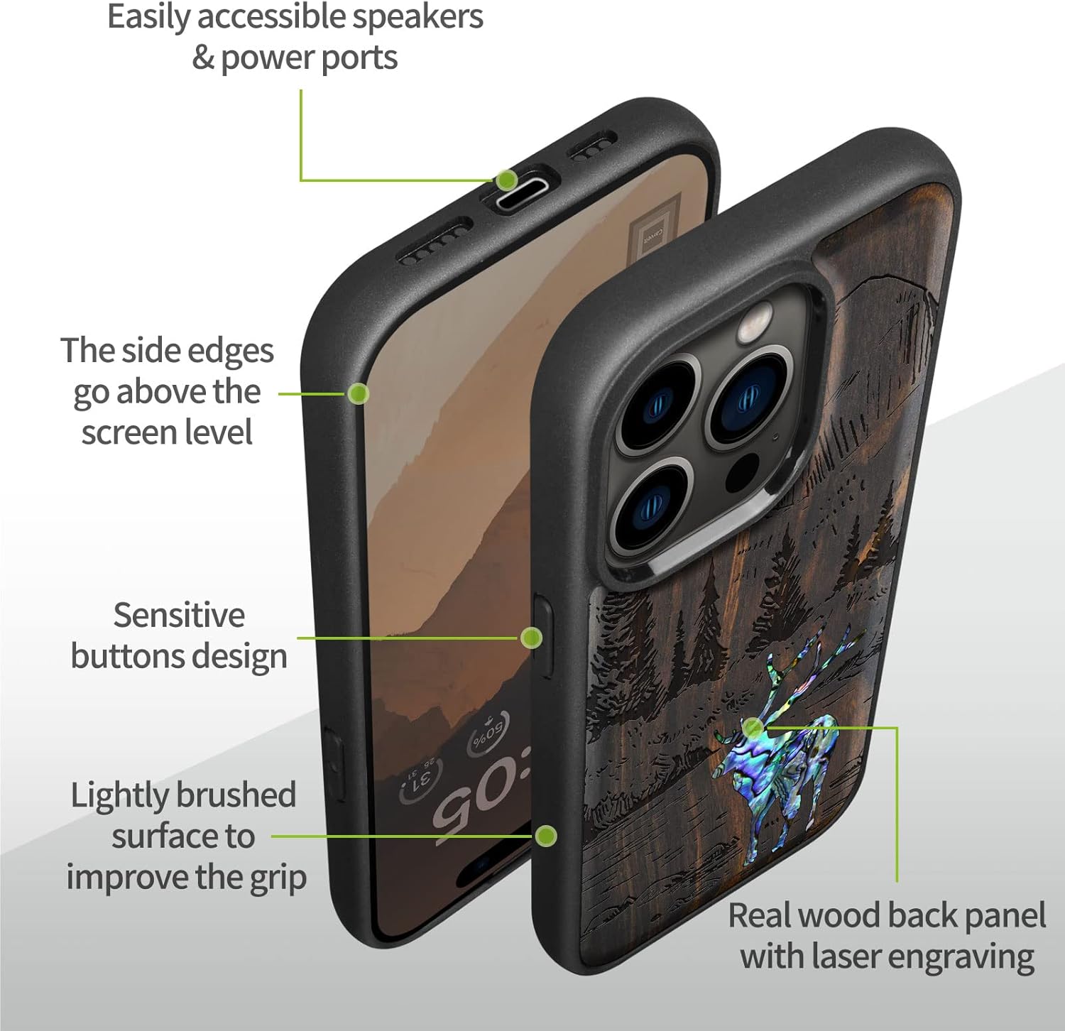 Carveit Designer Wooden Protective Magnetic Case for iPhone 14 Pro Case [Wood Engraving & Shell Inlay] Compatible with 14 Pro MagSafe (Forest Deer-Blackwood)