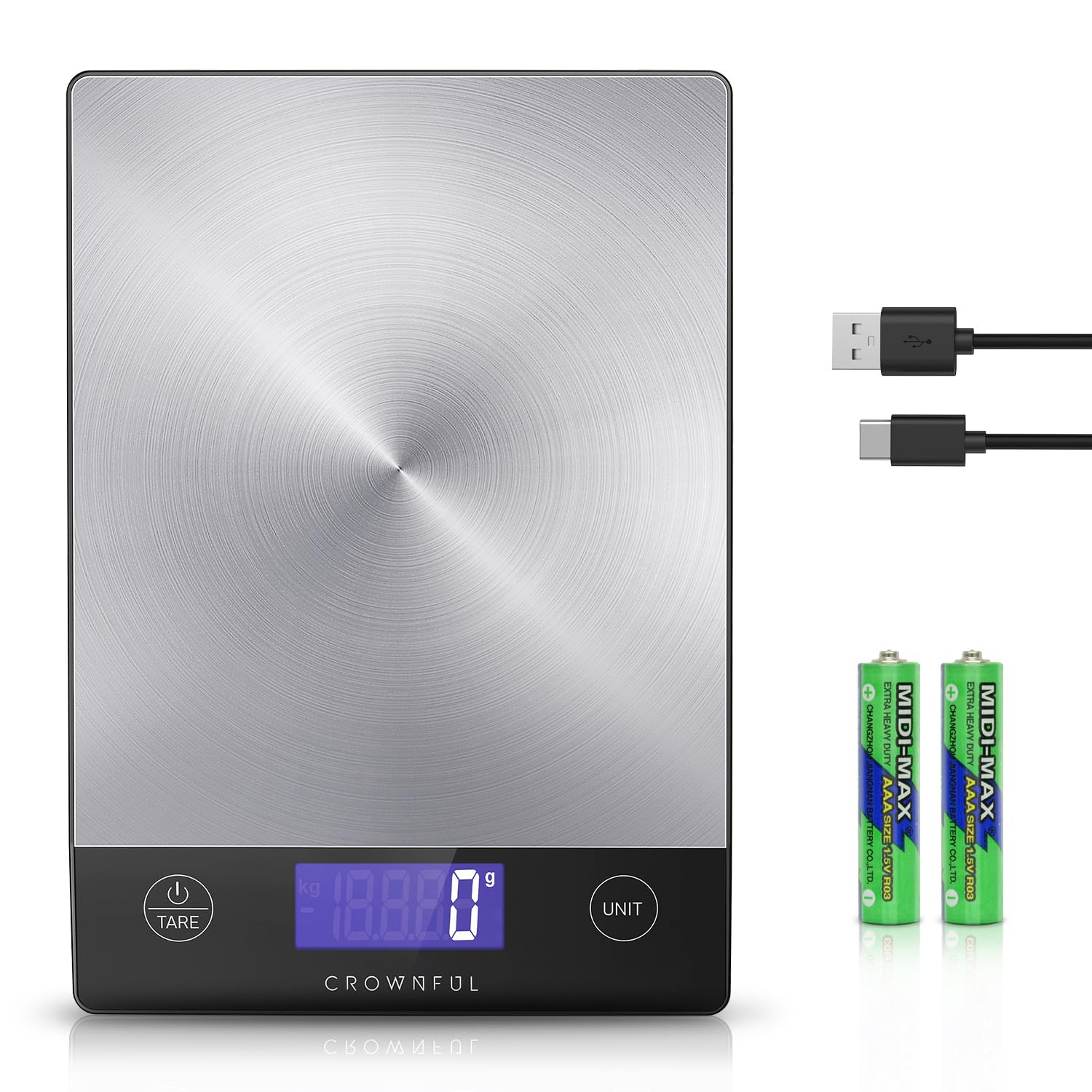 CROWNFUL キッチンスケール 15KG USB充電式 ステンレス デジタル…