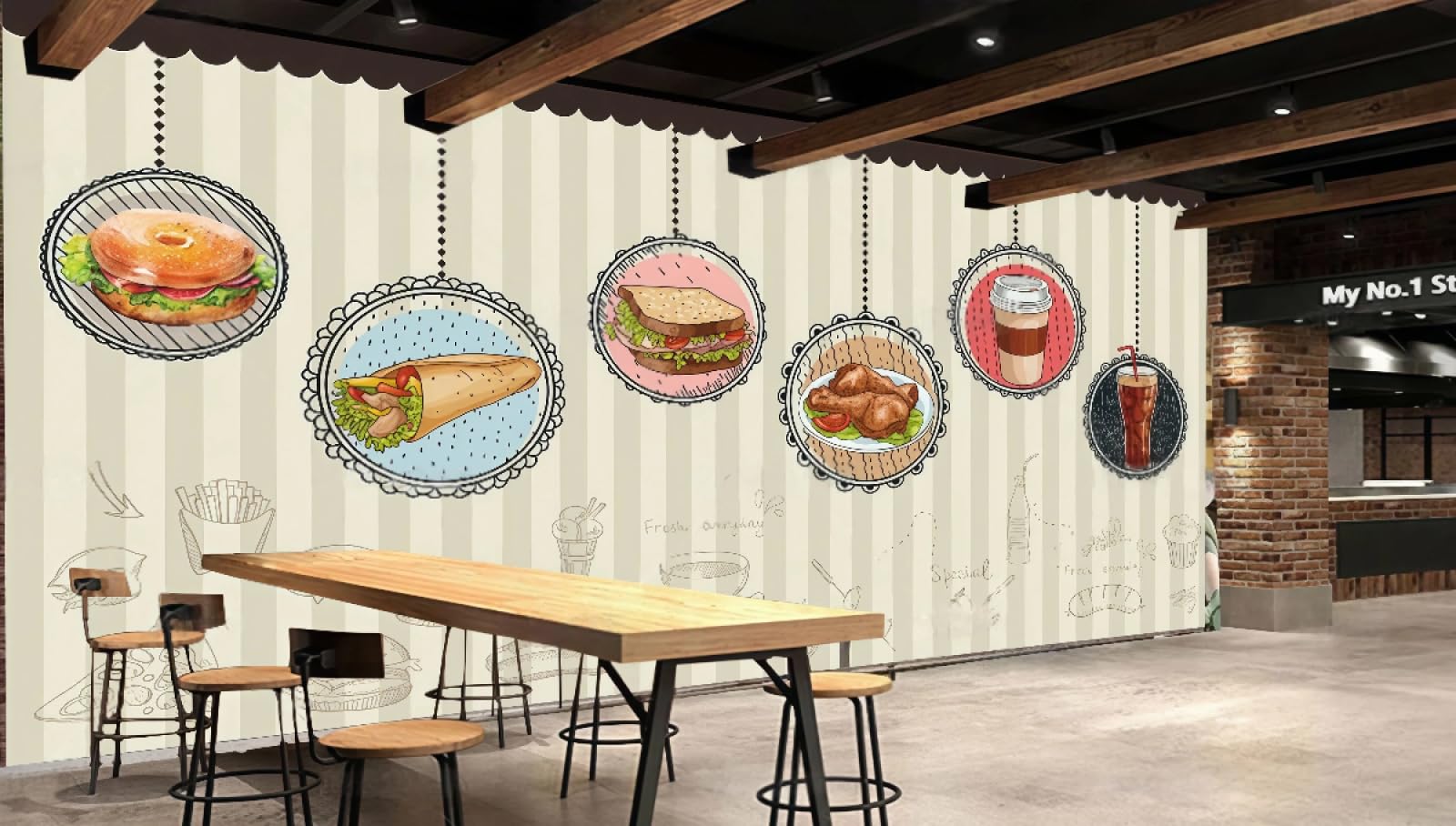 rskjdghshd Wallpaper Retro Hand-Painted Food Cartoon Burger Fast Food Restaurant Afternoon Tea Background Wall Western Restaurant Wallpaper Cafe Mural,3D,300x210cm
